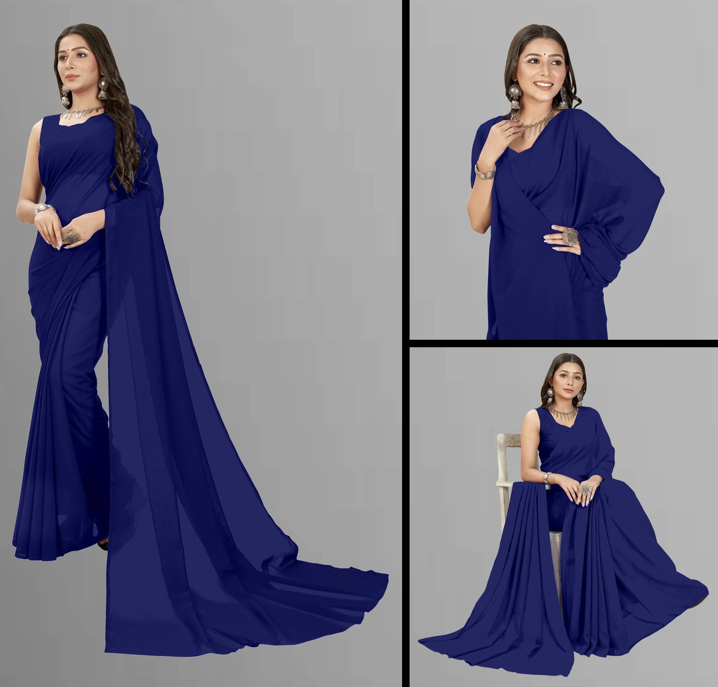ANAND SAREES Georgette Solid Saree With Unstitched Blouse Piece ( Navy Blue ) ANAND SAREES Georgette Solid Saree With Unstitched Blouse Piece ( Navy Blue )