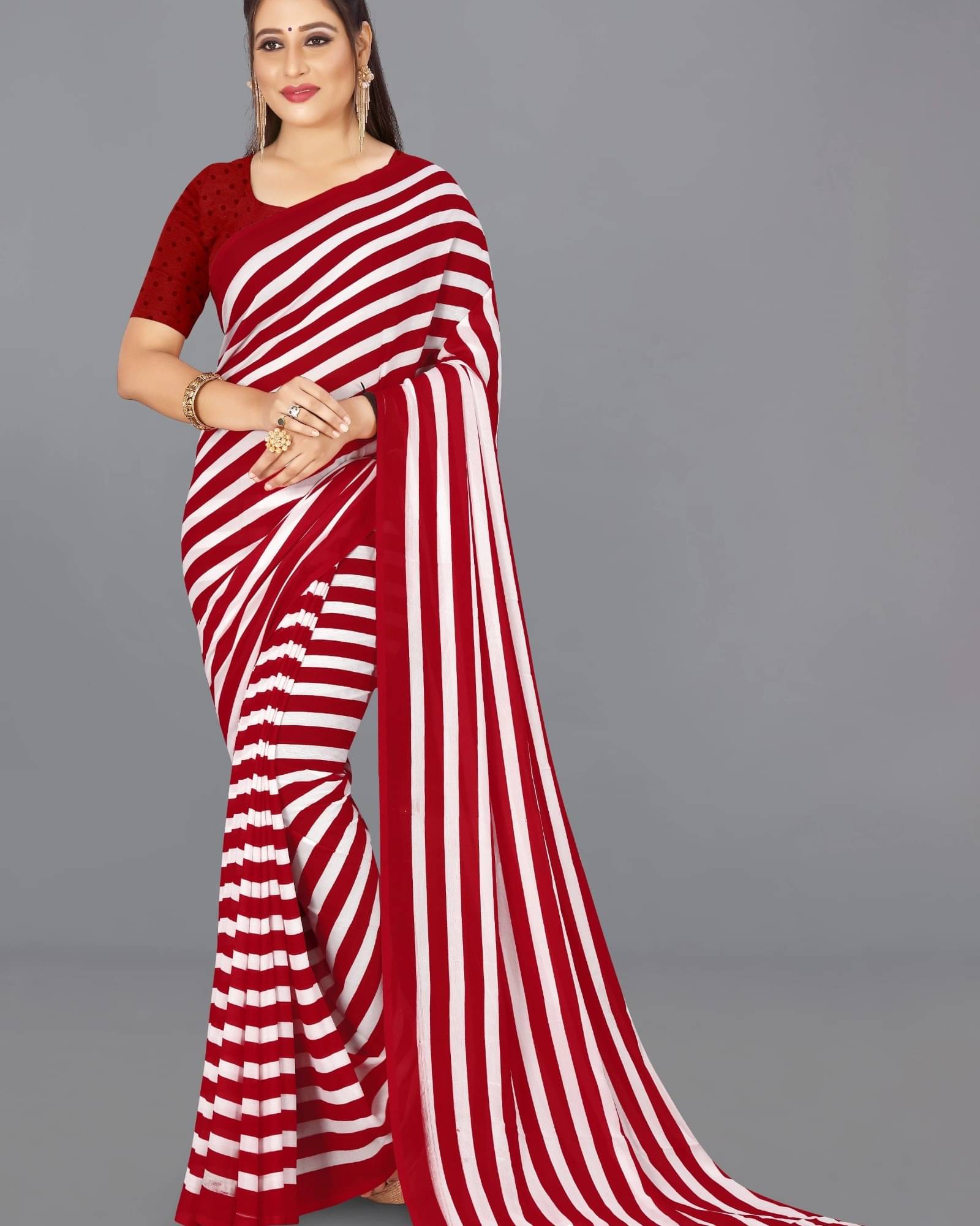 ANAND SAREES Georgette Striped Saree With Unstitched Blouse Piece ( Red ) ANAND SAREES Georgette Striped Saree With Unstitched Blouse Piece ( Red )