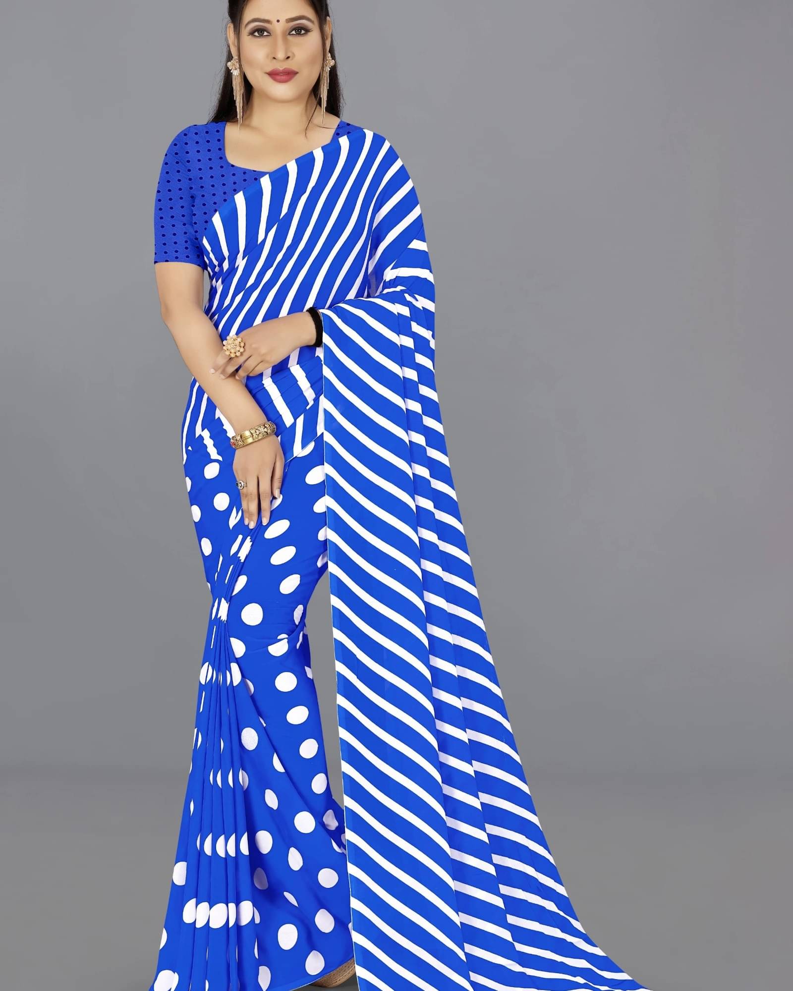 ANAND SAREES Georgette Striped Saree With Unstitched Blouse Piece ( Blue ) ANAND SAREES Georgette Striped Saree With Unstitched Blouse Piece ( Blue )