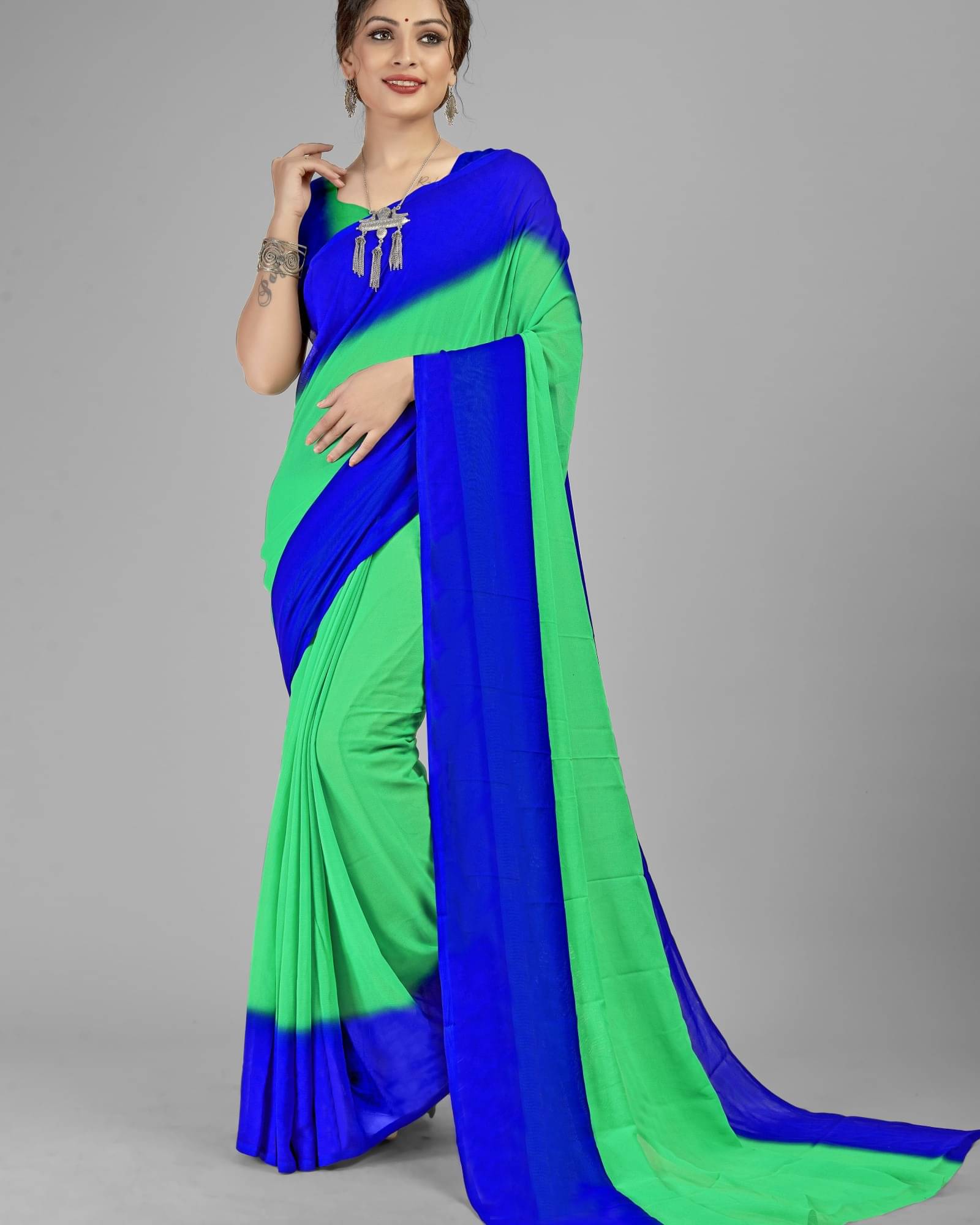 ANAND SAREES Georgette Striped Saree With Unstitched Blouse Piece ( Multicolor ) ANAND SAREES Georgette Striped Saree With Unstitched Blouse Piece ( Multicolor )