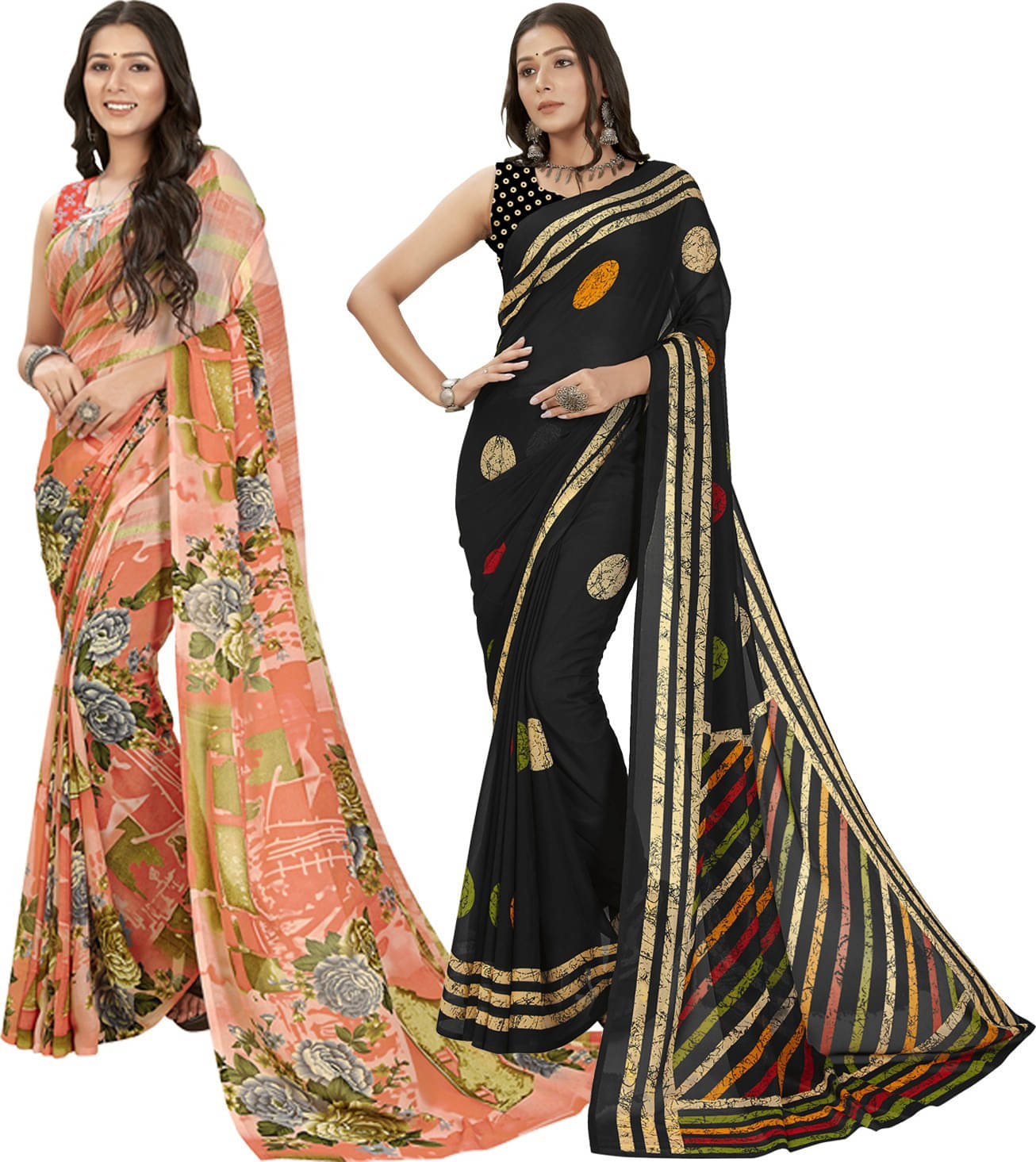 ANAND SAREES Georgette Striped Saree With Unstitched Blouse Piece ( Multicolor ) ANAND SAREES Georgette Striped Saree With Unstitched Blouse Piece ( Multicolor )