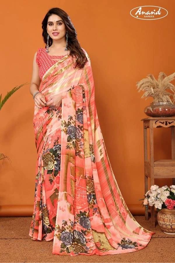 ANAND SAREES Georgette Striped Saree With Unstitched Blouse Piece ( Pink )     			ANAND SAREES Georgette Striped Saree With Unstitched Blouse Piece ( Pink )
