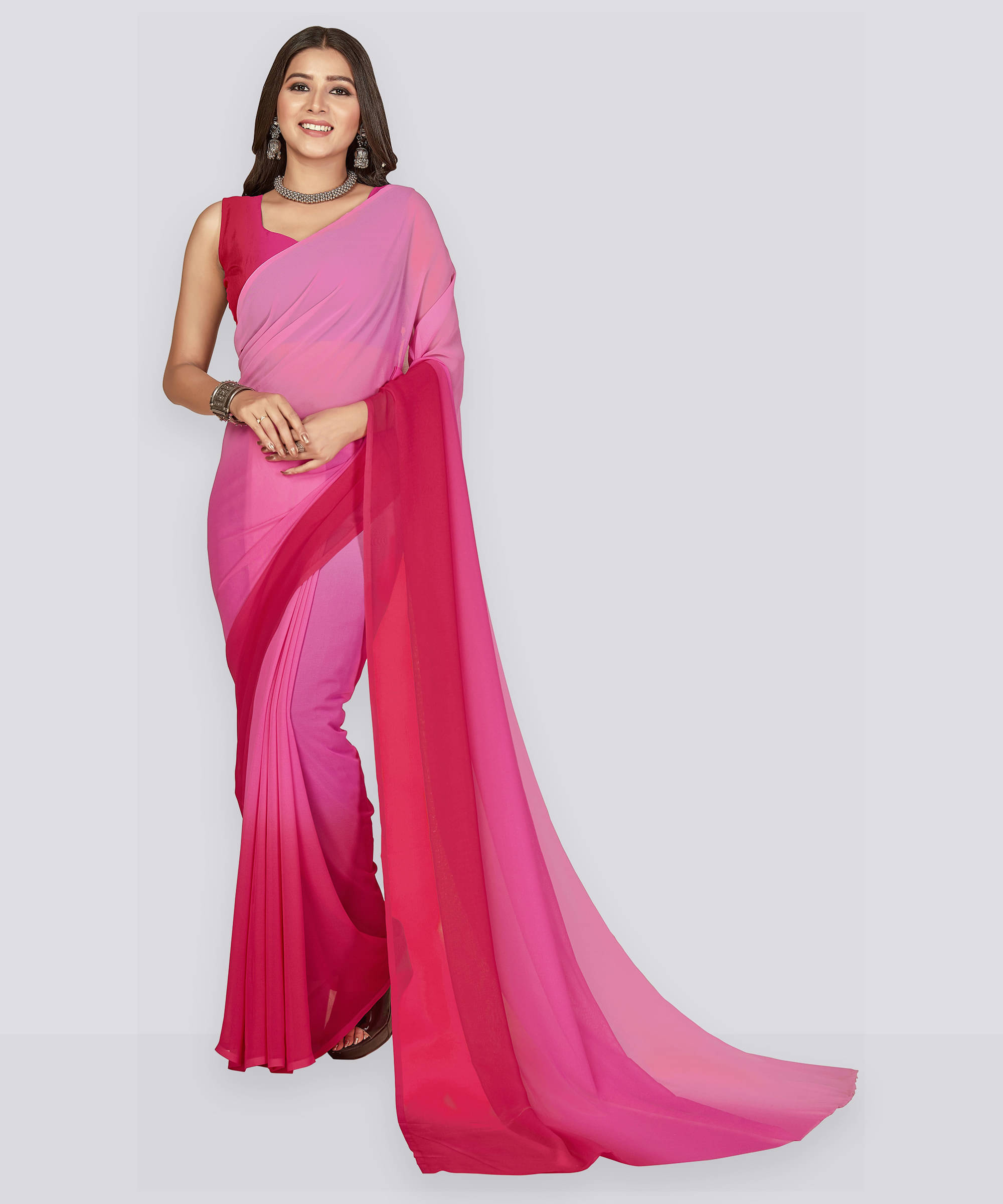     			ANAND SAREES Georgette Striped Saree With Unstitched Blouse Piece ( Pink )