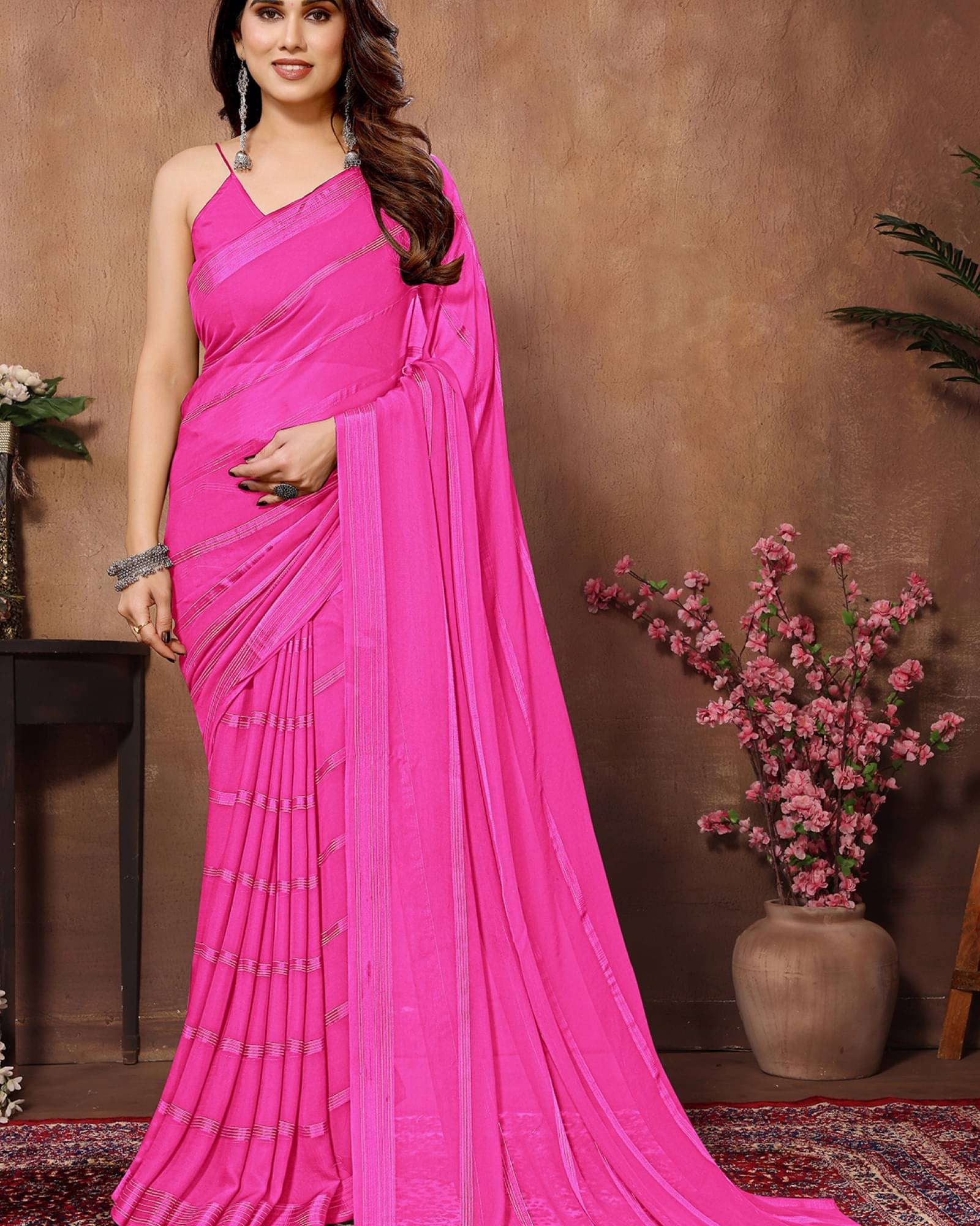 ANAND SAREES Satin Embellished Saree With Unstitched Blouse Piece ( Pink ) ANAND SAREES Satin Embellished Saree With Unstitched Blouse Piece ( Pink )