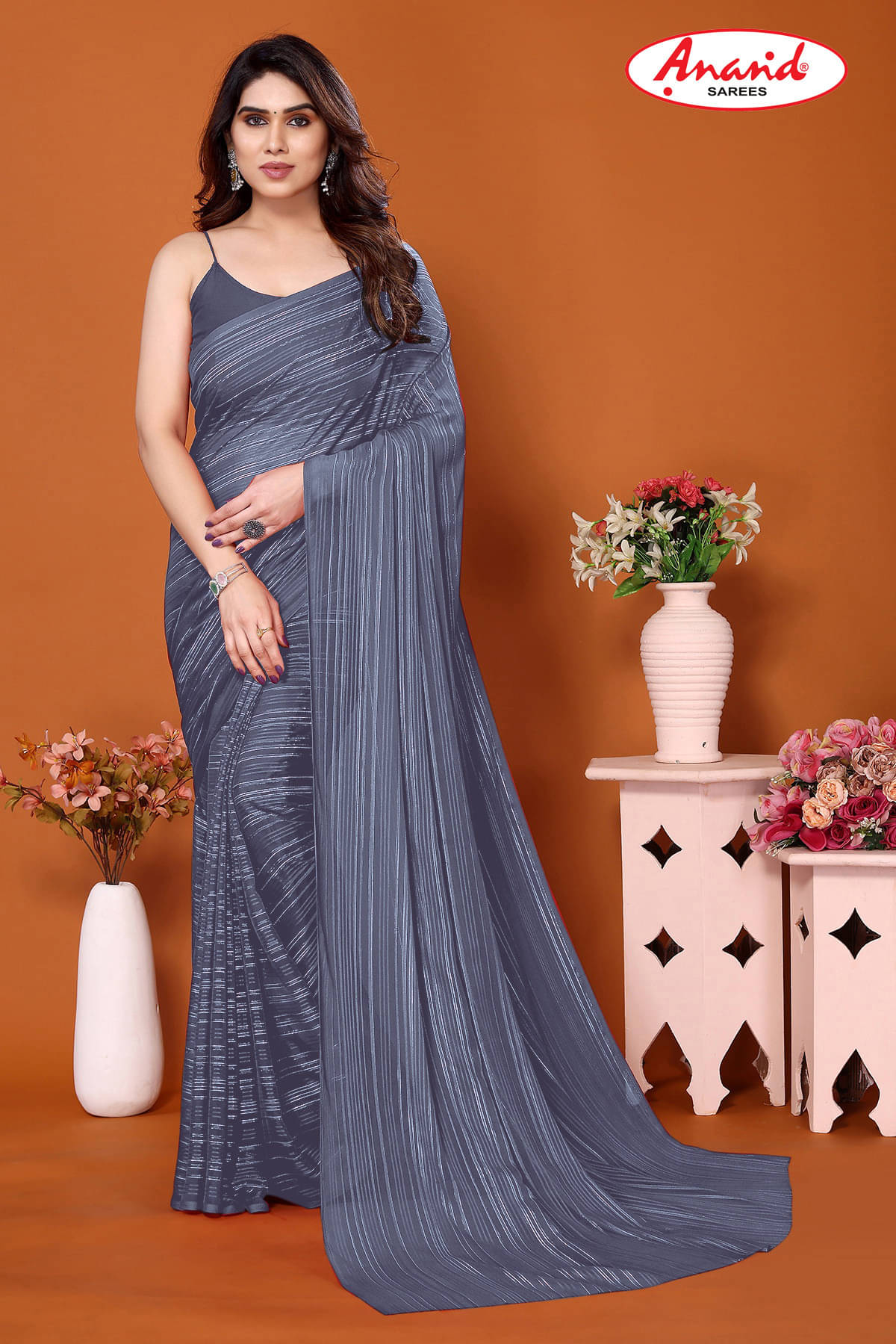     			ANAND SAREES Satin Embellished Saree With Unstitched Blouse Piece ( Grey )