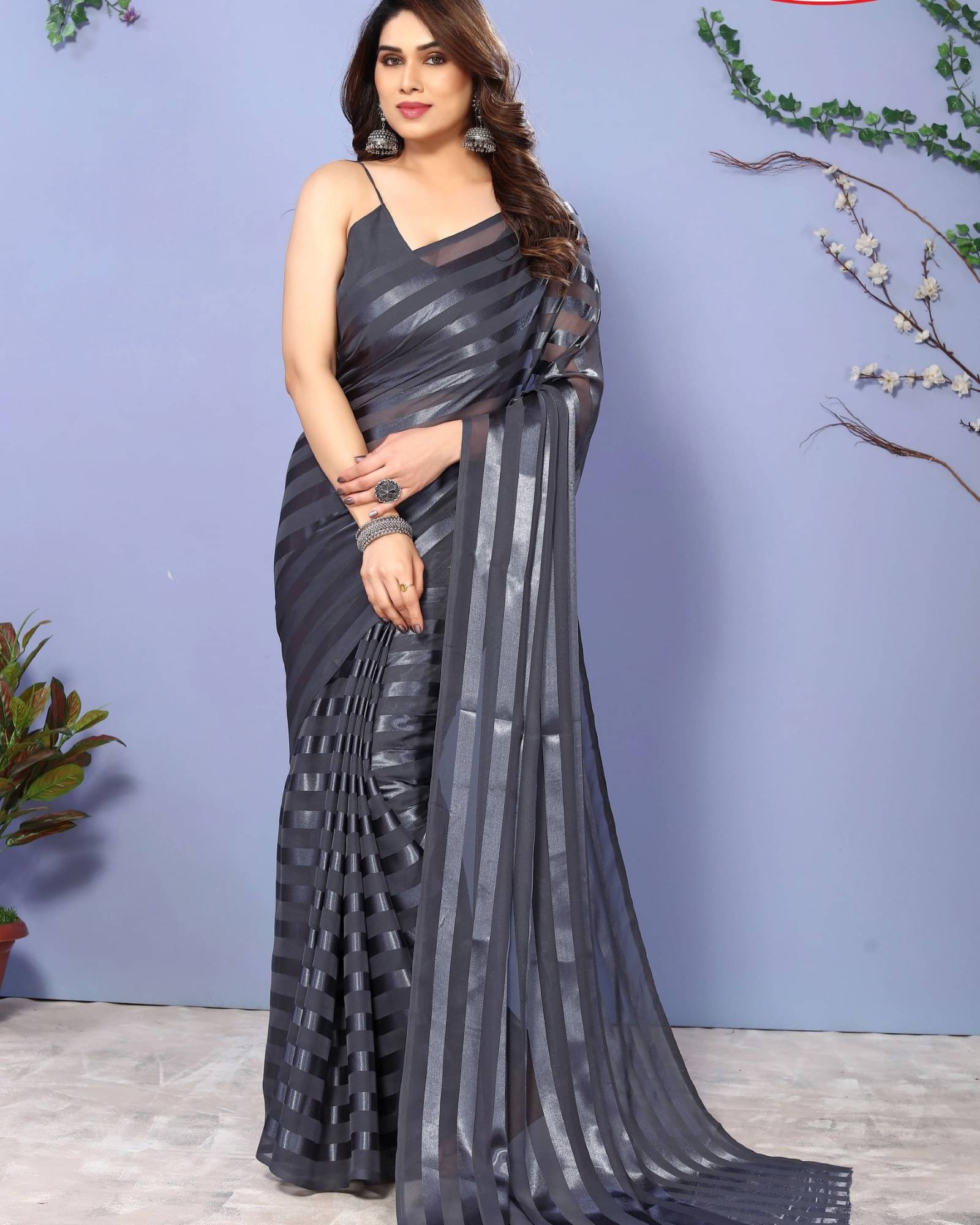     			ANAND SAREES Satin Embellished Saree With Unstitched Blouse Piece ( Grey )