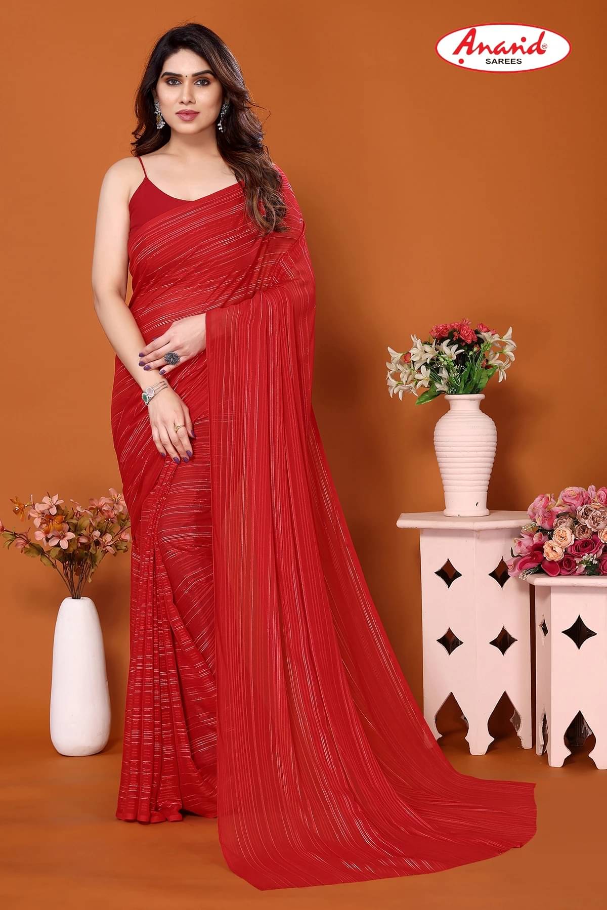 ANAND SAREES Satin Embellished Saree With Unstitched Blouse Piece ( Red ) ANAND SAREES Satin Embellished Saree With Unstitched Blouse Piece ( Red )