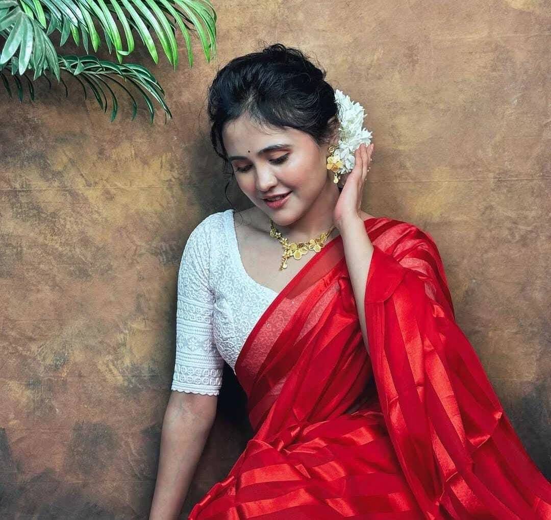ANAND SAREES Satin Embellished Saree With Unstitched Blouse Piece ( Red ) ANAND SAREES Satin Embellished Saree With Unstitched Blouse Piece ( Red )