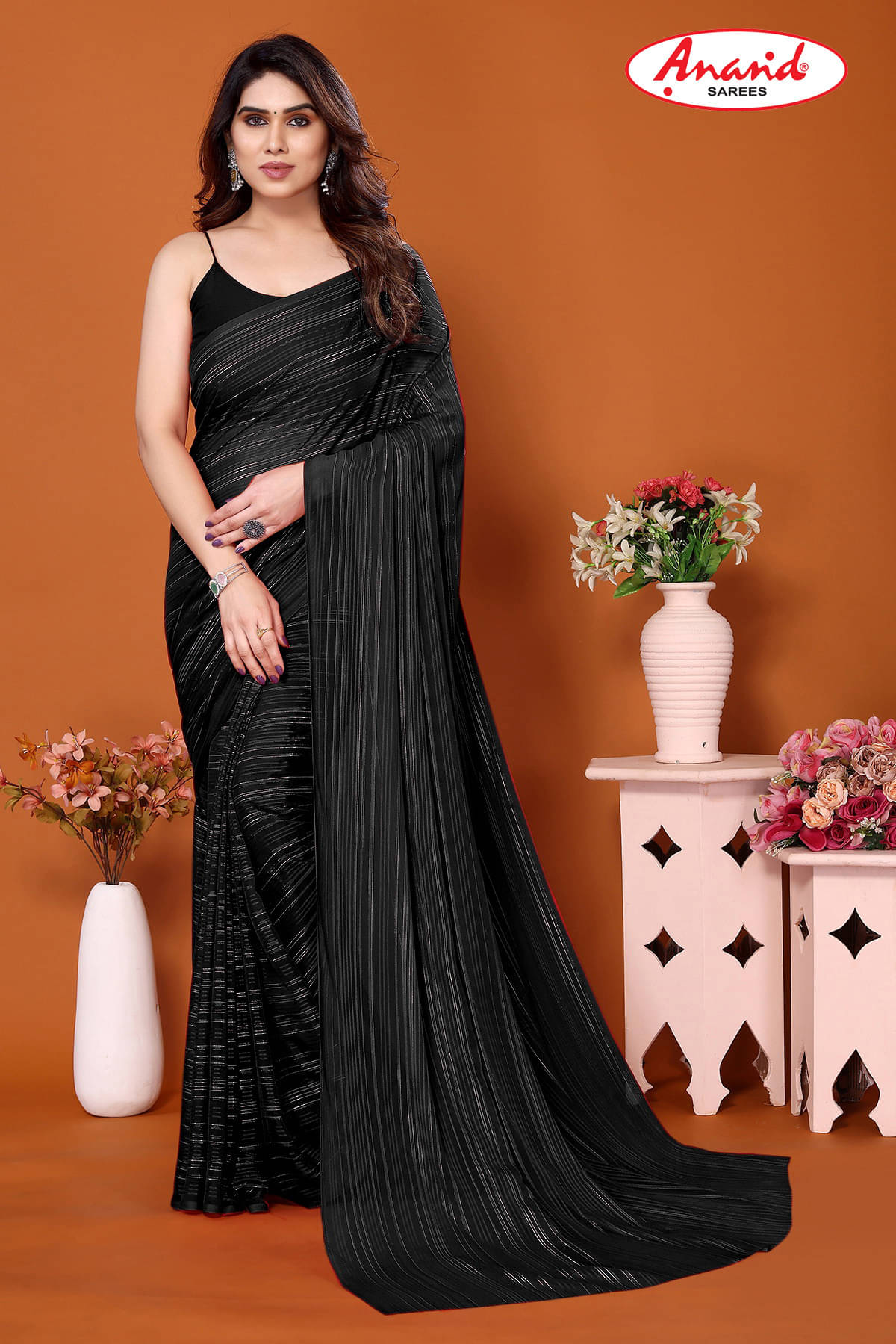     			ANAND SAREES Satin Embellished Saree With Unstitched Blouse Piece ( Black )