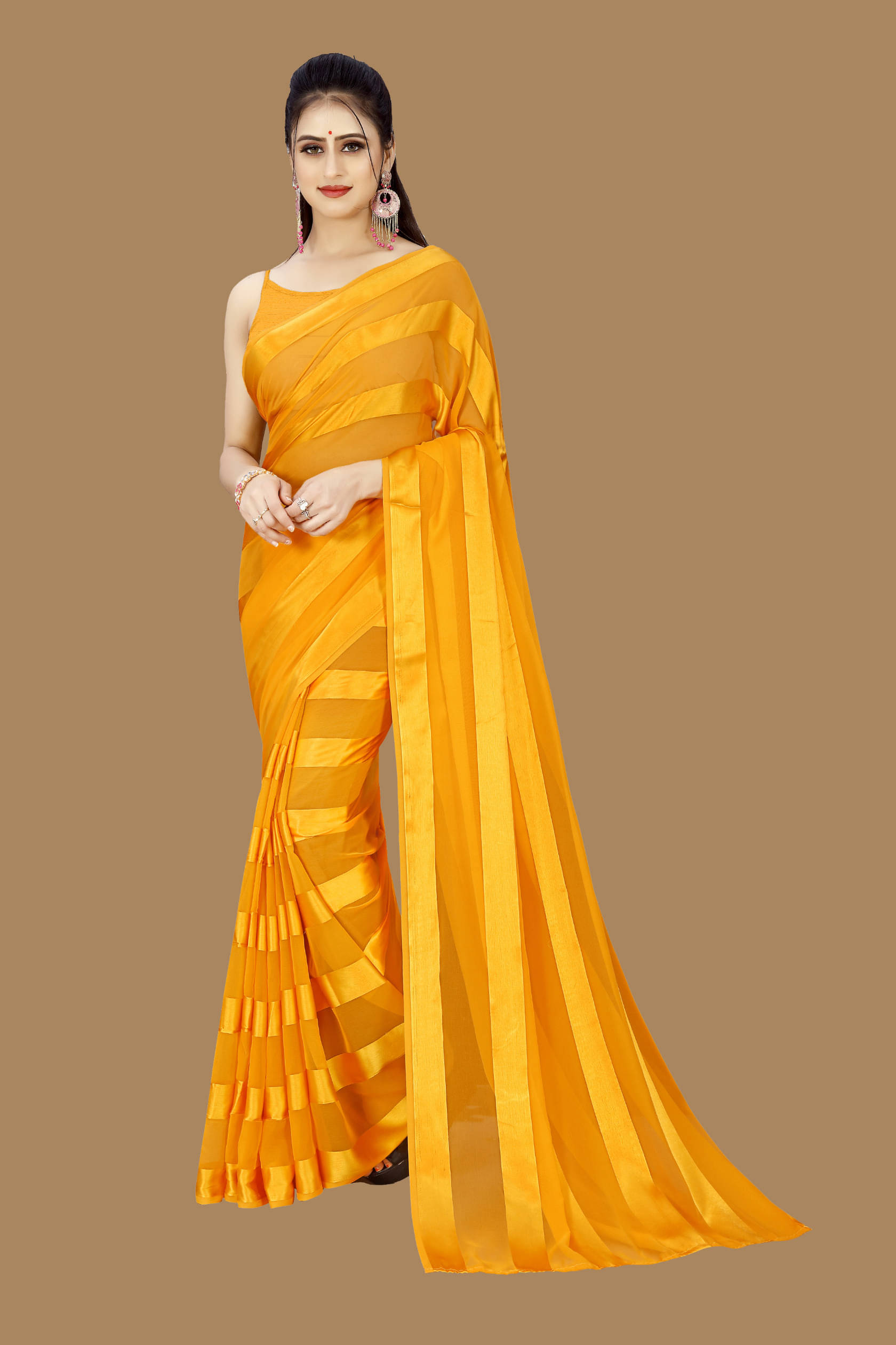 ANAND SAREES Satin Striped Saree With Unstitched Blouse Piece ( Yellow ) ANAND SAREES Satin Striped Saree With Unstitched Blouse Piece ( Yellow )