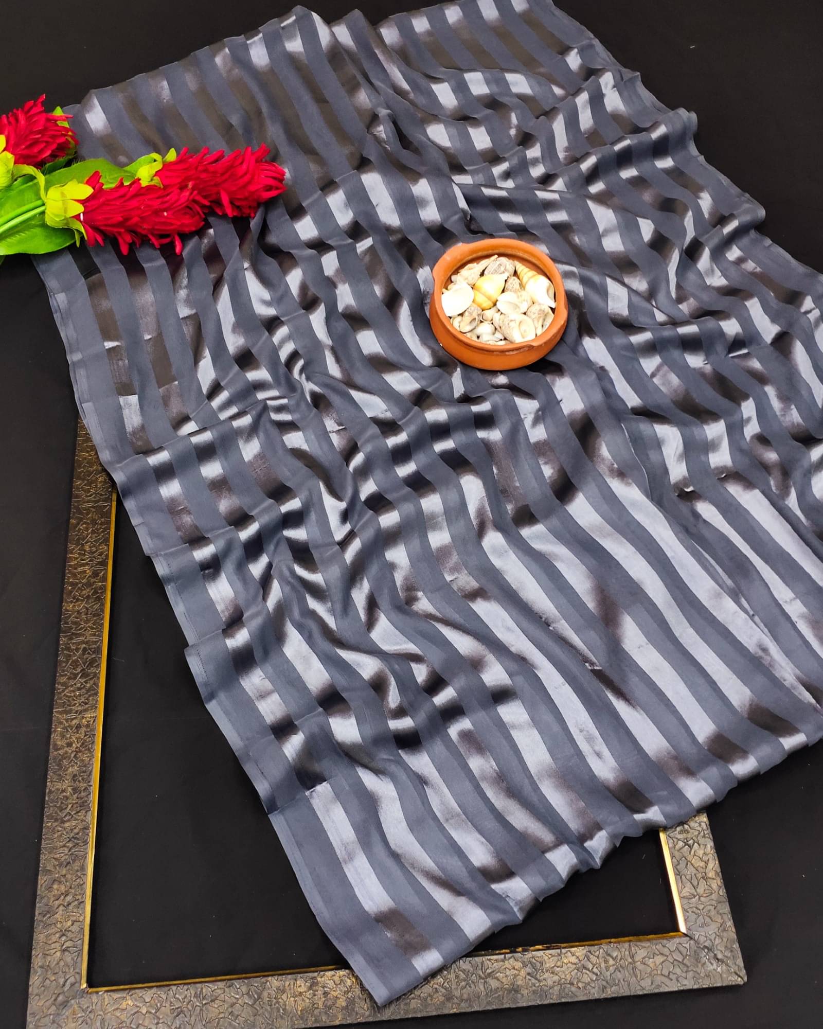     			ANAND SAREES Satin Striped Saree Without Blouse Piece ( Grey )