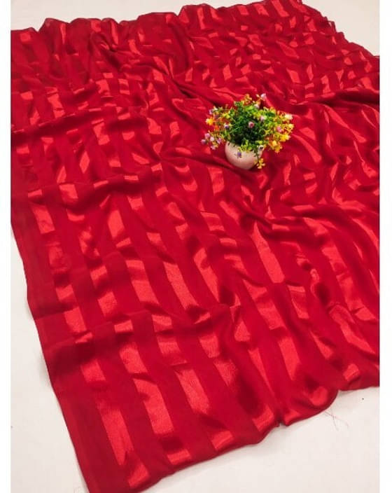     			ANAND SAREES Satin Striped Saree With Unstitched Blouse Piece ( Red )