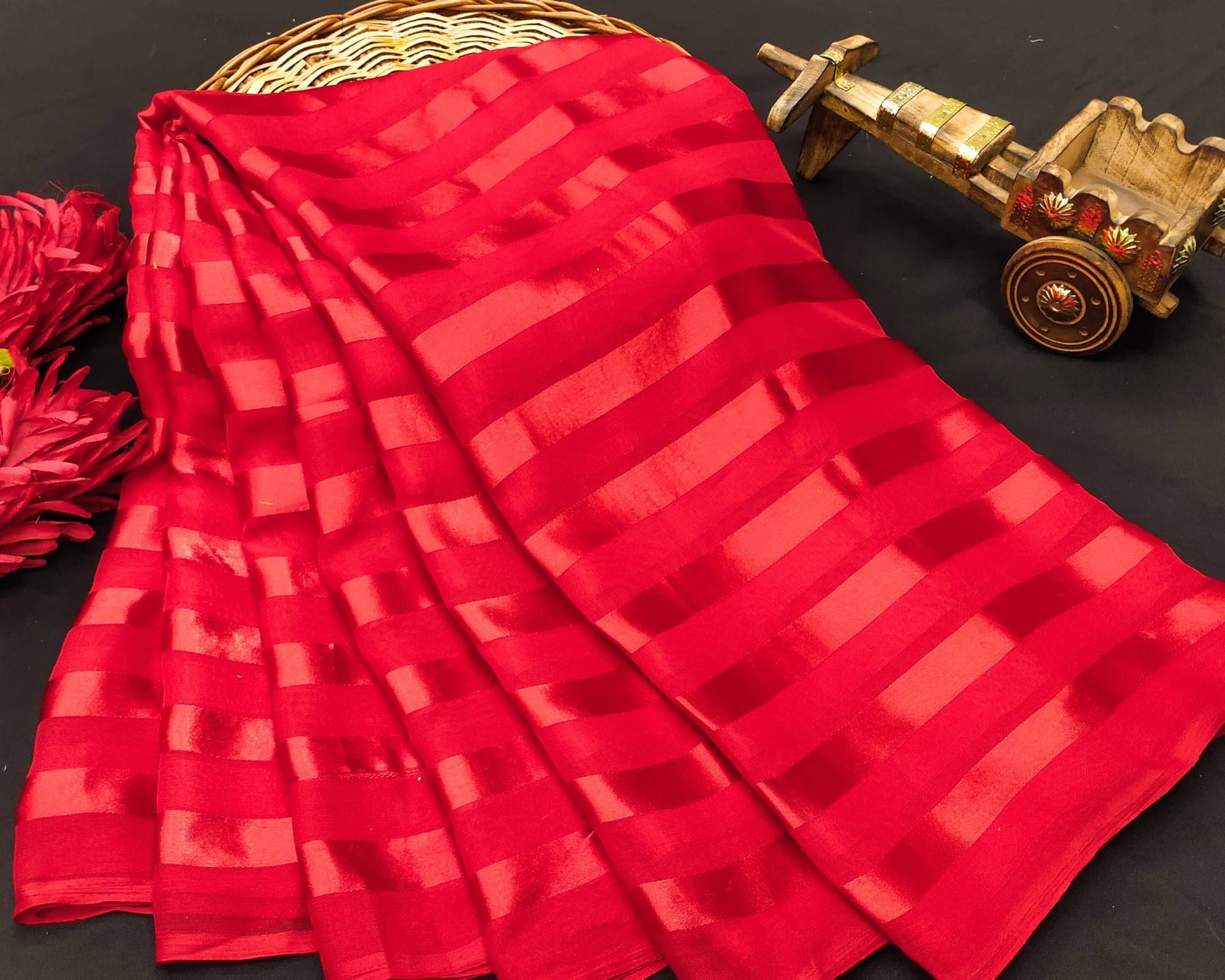 ANAND SAREES Satin Striped Saree With Unstitched Blouse Piece ( Red )     			ANAND SAREES Satin Striped Saree With Unstitched Blouse Piece ( Red )