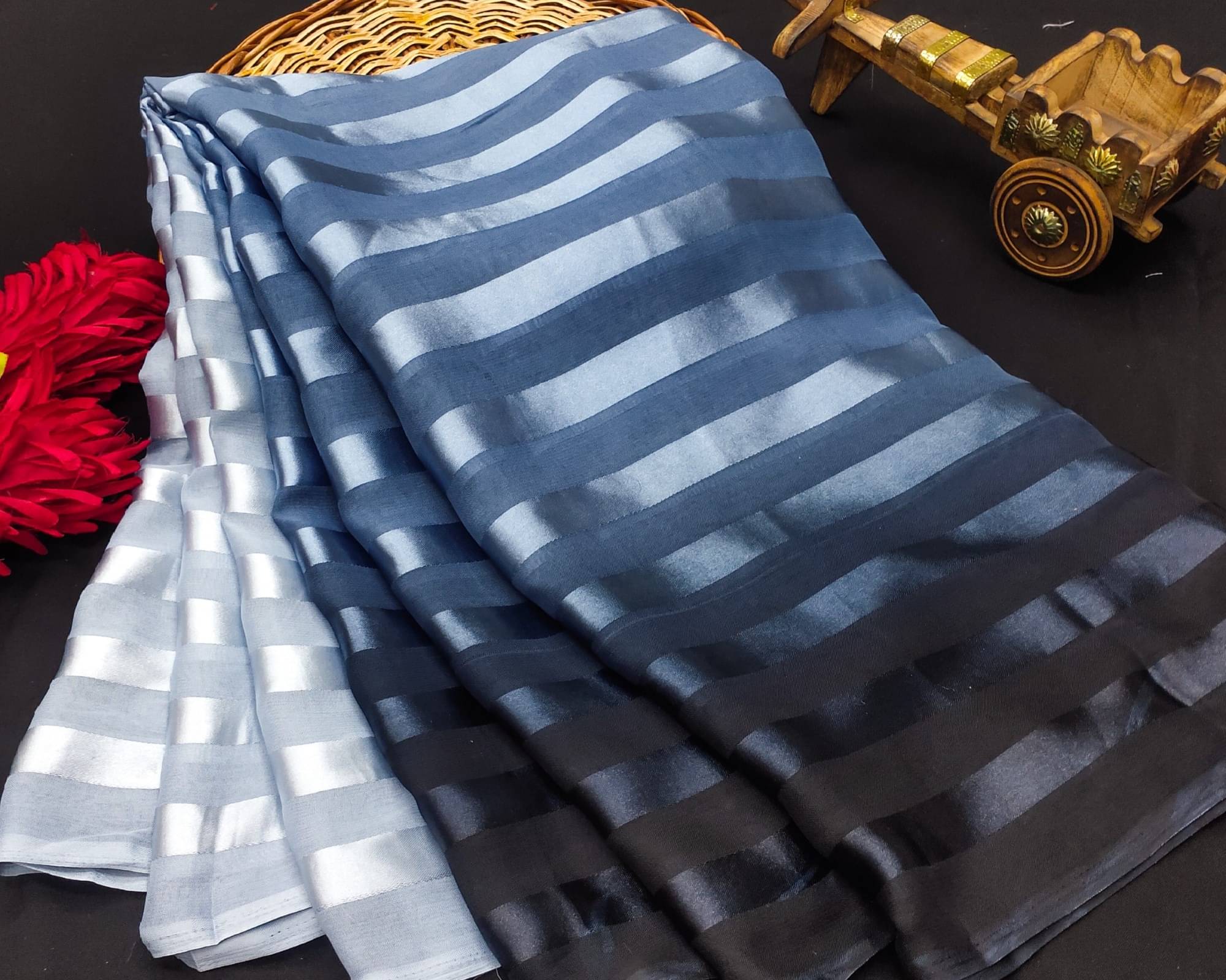 ANAND SAREES Satin Striped Saree With Unstitched Blouse Piece ( Grey )     			ANAND SAREES Satin Striped Saree With Unstitched Blouse Piece ( Grey )