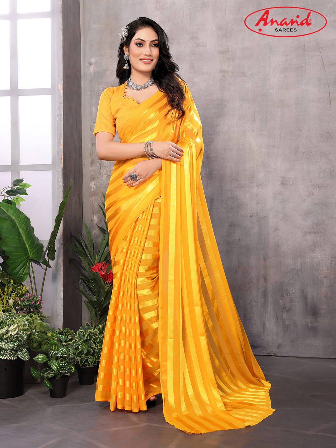     			ANAND SAREES Satin Striped Saree With Unstitched Blouse Piece ( Yellow )