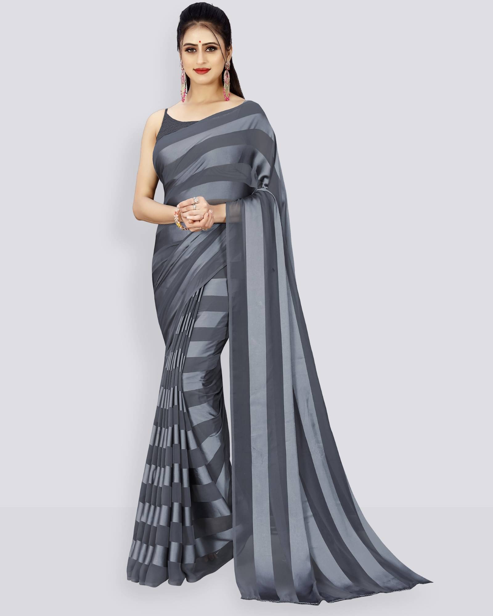     			ANAND SAREES Satin Striped Saree With Unstitched Blouse Piece ( Grey )