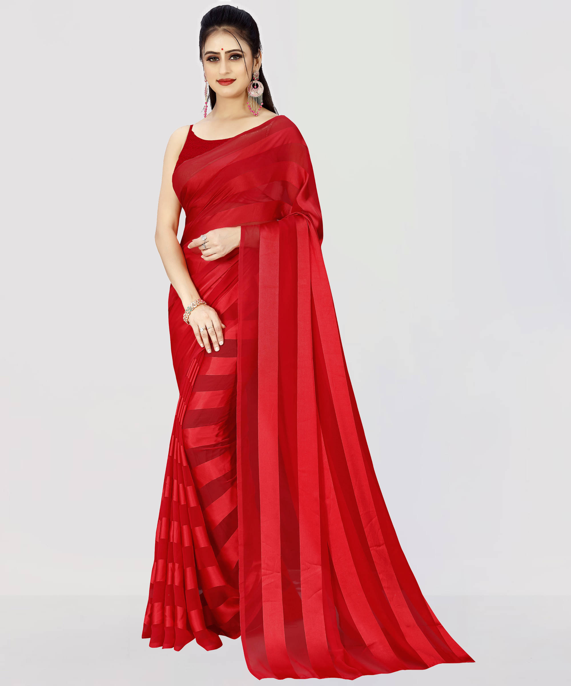 ANAND SAREES Satin Striped Saree With Unstitched Blouse Piece ( Red ) ANAND SAREES Satin Striped Saree With Unstitched Blouse Piece ( Red )