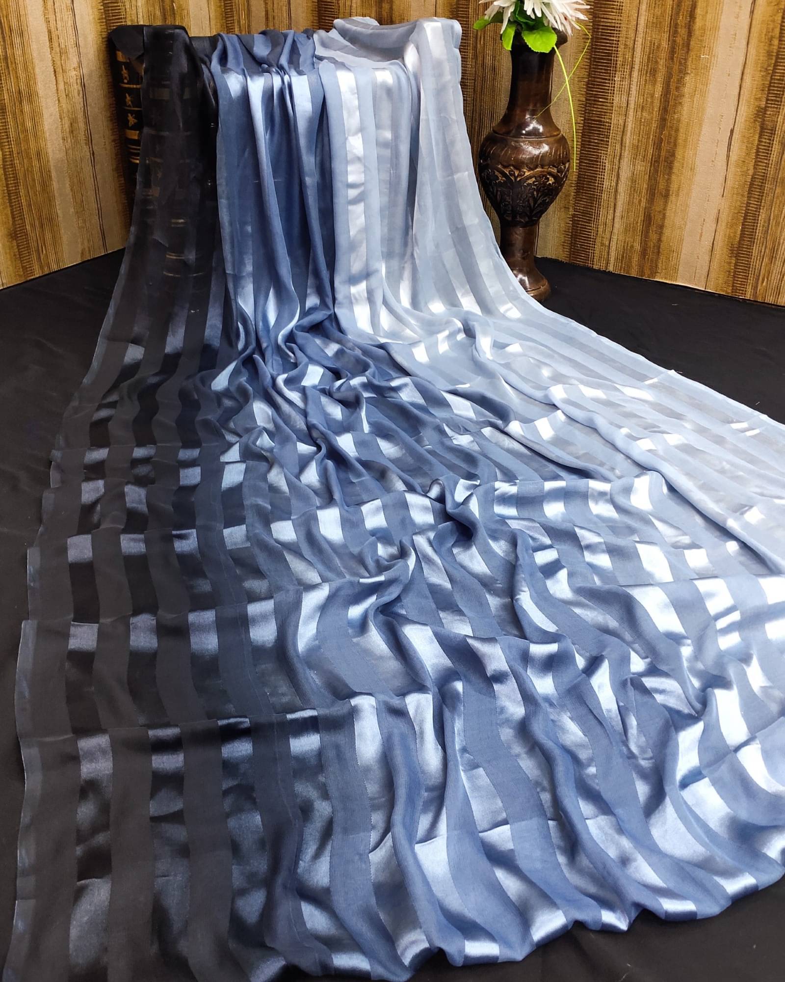     			ANAND SAREES Satin Striped Saree With Unstitched Blouse Piece ( Grey )