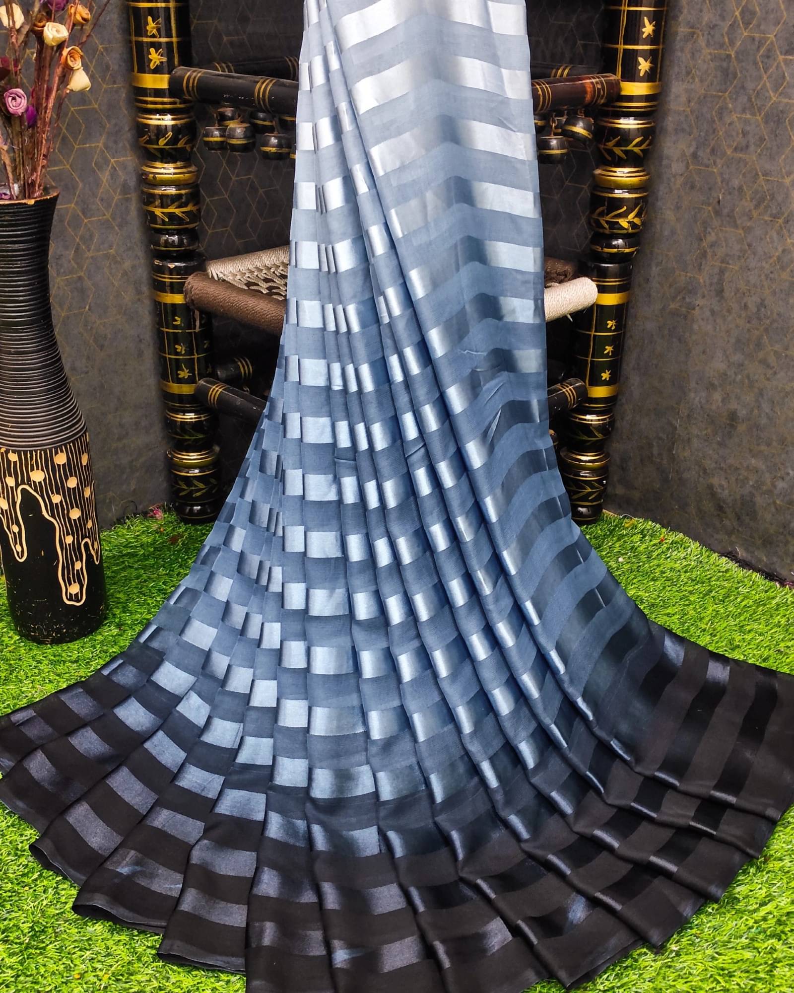     			ANAND SAREES Satin Striped Saree With Unstitched Blouse Piece ( Grey )