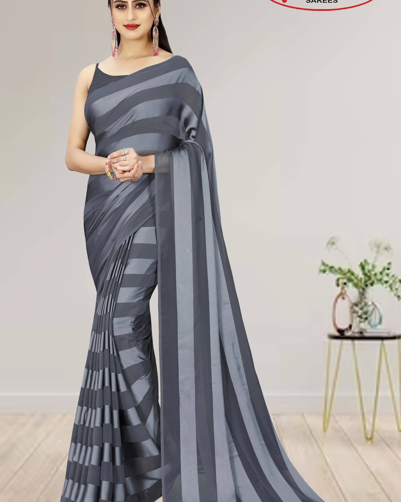     			ANAND SAREES Satin Striped Saree With Unstitched Blouse Piece ( Grey )