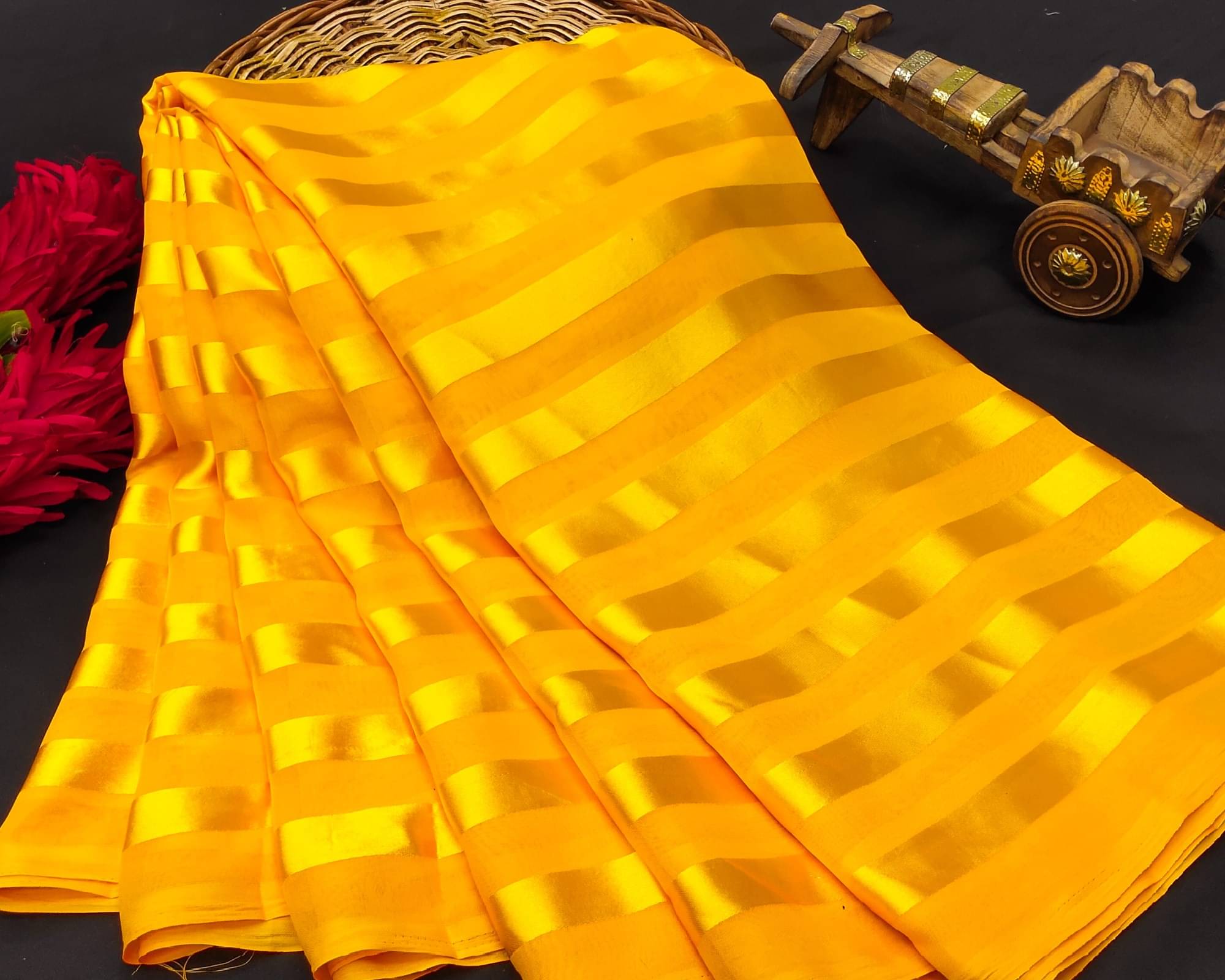     			ANAND SAREES Satin Striped Saree With Unstitched Blouse Piece ( Yellow )