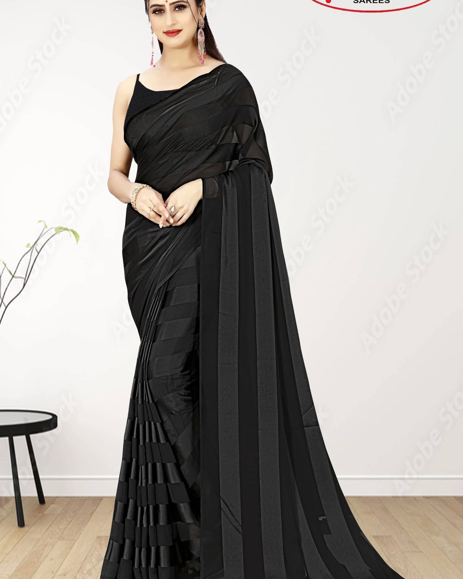 ANAND SAREES Satin Striped Saree With Unstitched Blouse Piece ( Black ) ANAND SAREES Satin Striped Saree With Unstitched Blouse Piece ( Black )