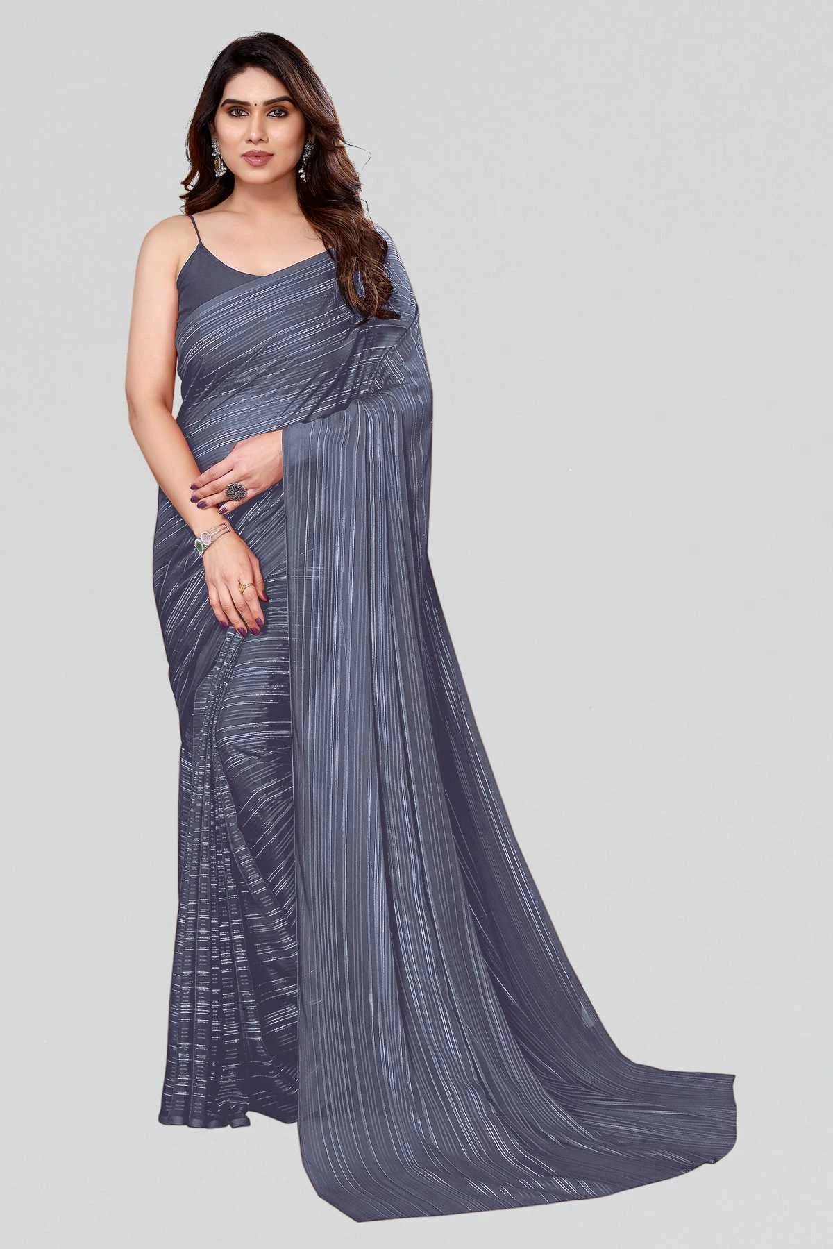 ANAND SAREES Satin Striped Saree With Unstitched Blouse Piece ( Grey ) ANAND SAREES Satin Striped Saree With Unstitched Blouse Piece ( Grey )