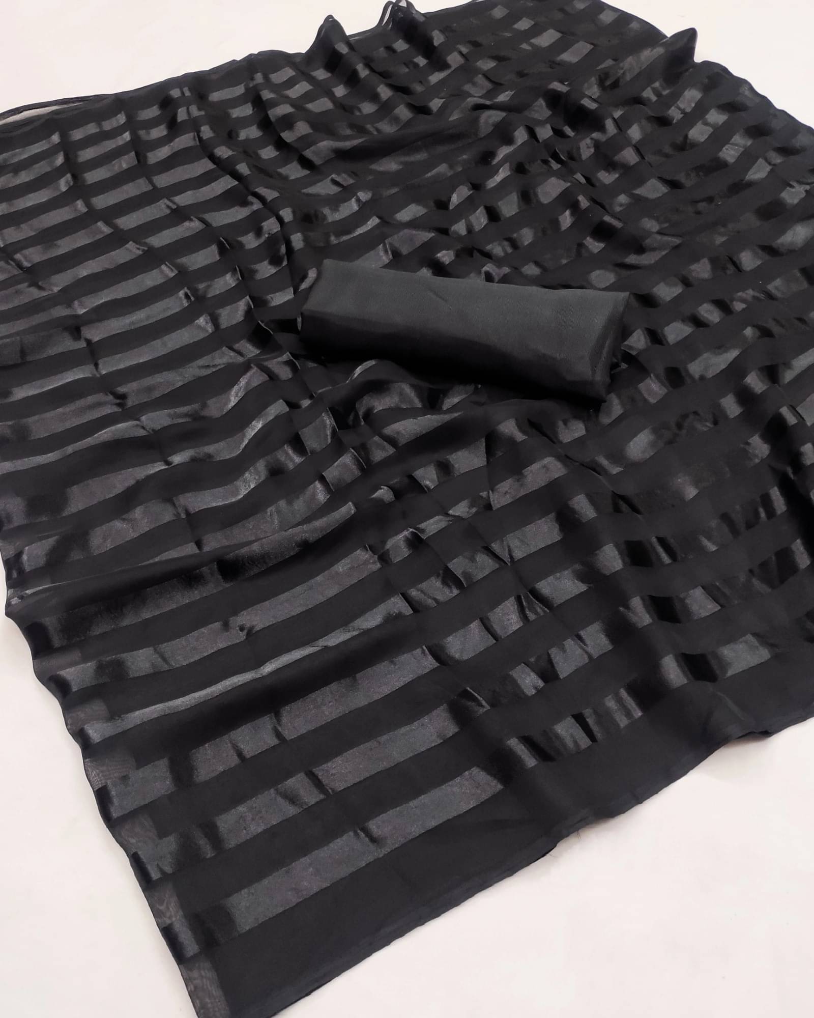     			ANAND SAREES Satin Striped Saree With Unstitched Blouse Piece ( Black )