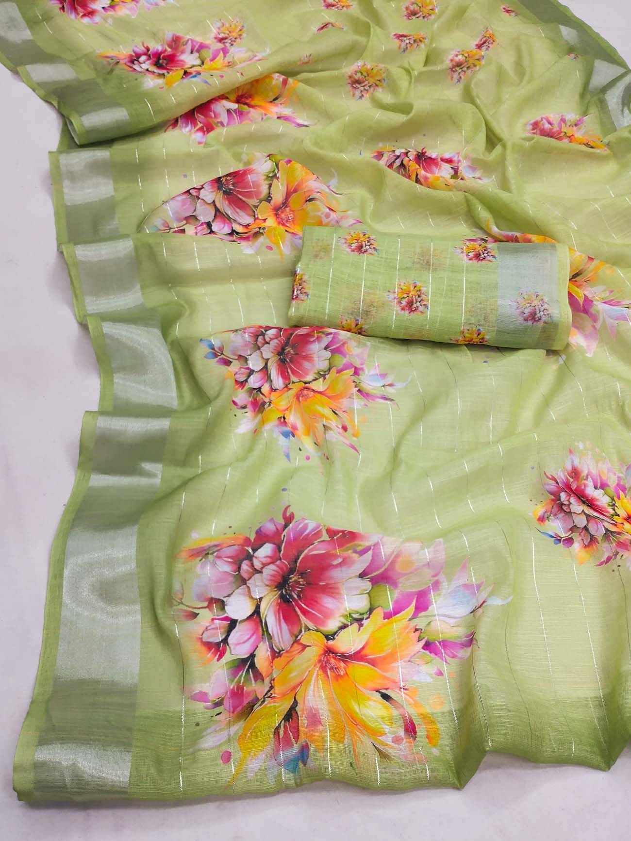 BYUPRI Chanderi Printed Leheriya Saree With Unstitched Blouse Piece ( Green ) BYUPRI Chanderi Printed Leheriya Saree With Unstitched Blouse Piece ( Green )