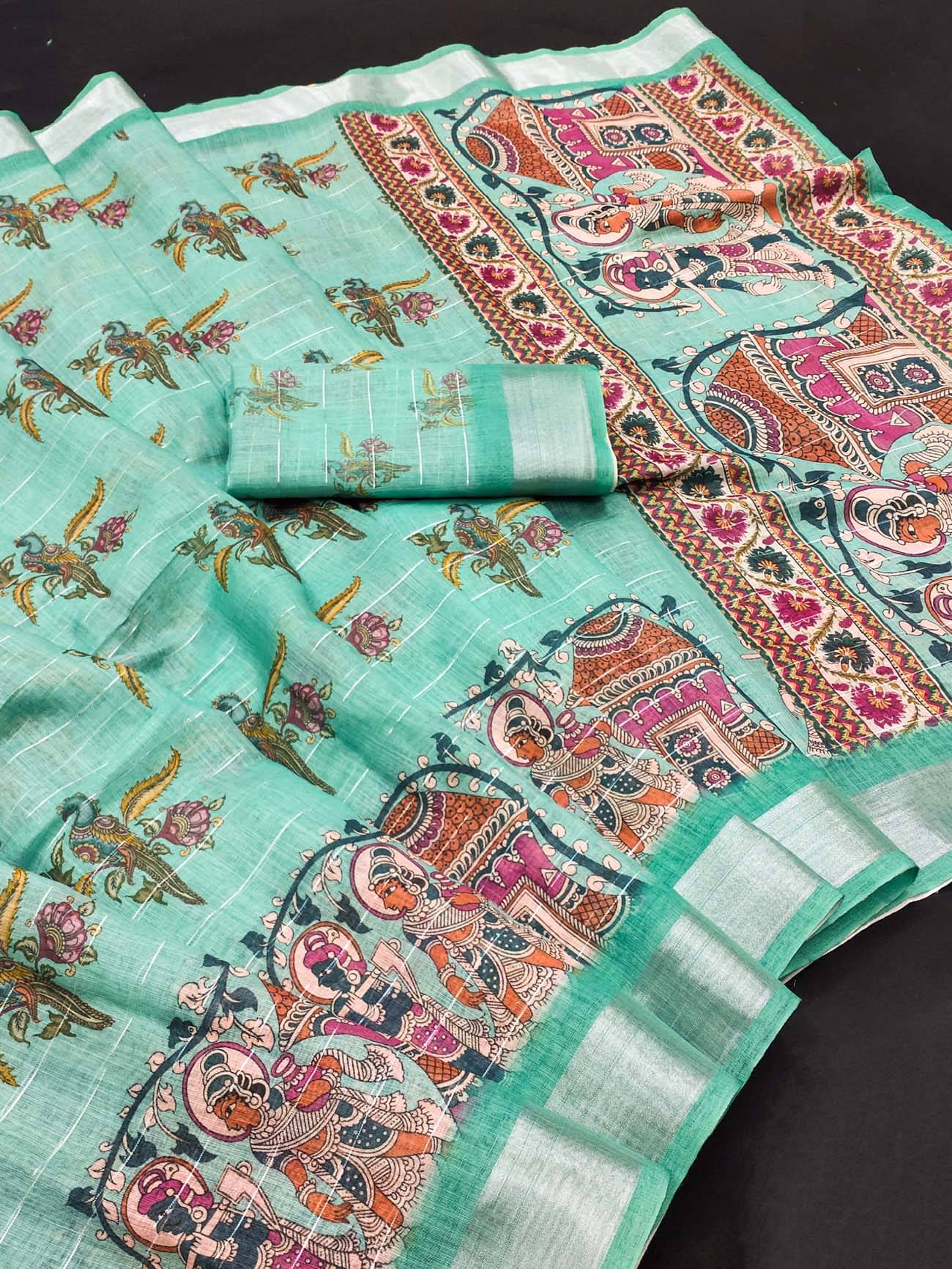 BYUPRI Chanderi Printed Leheriya Saree With Unstitched Blouse Piece ( Rama ) BYUPRI Chanderi Printed Leheriya Saree With Unstitched Blouse Piece ( Rama )