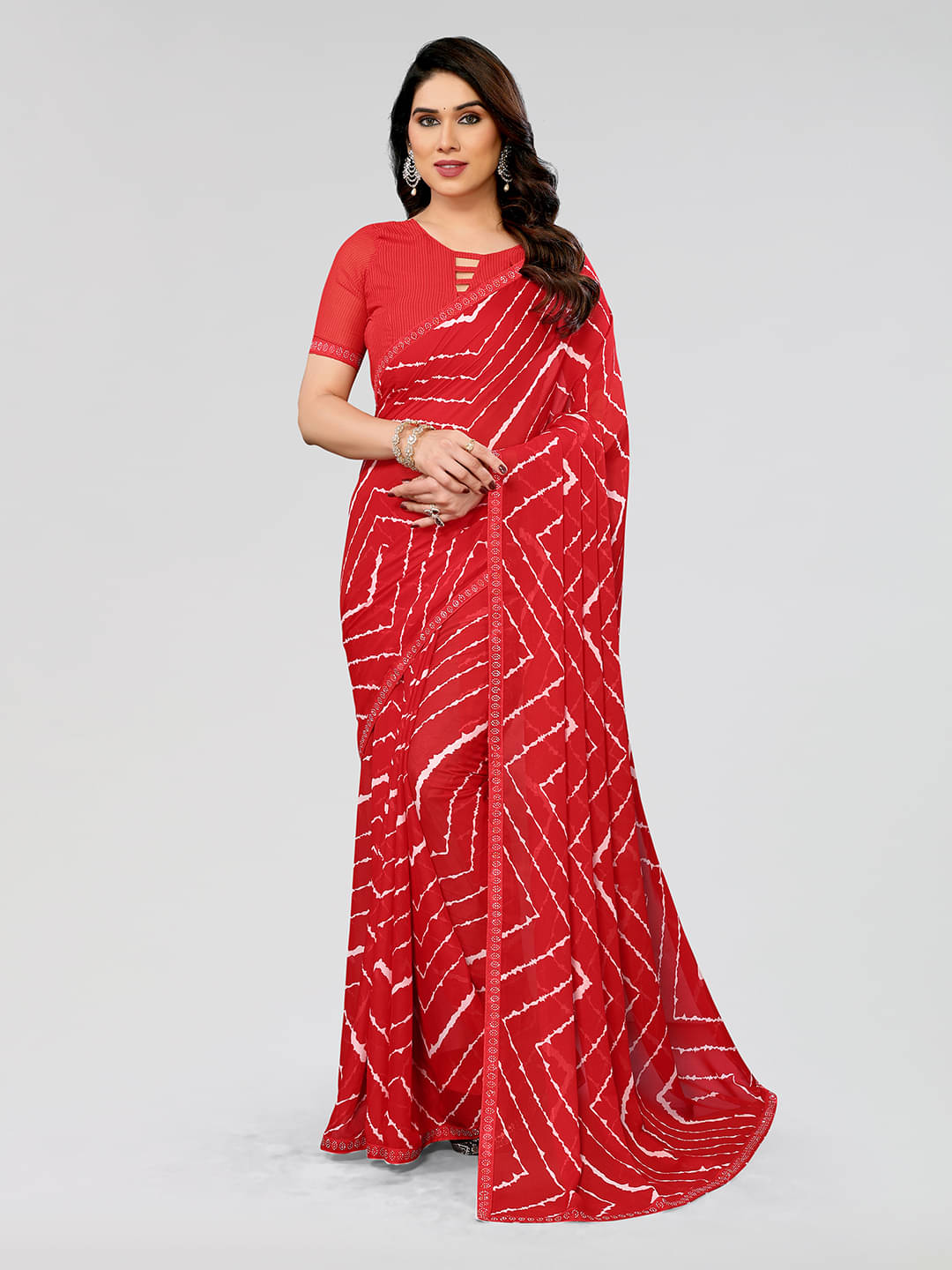 Kashvi Sarees Georgette Embellished Leheriya Saree With Unstitched Blouse Piece ( Red ) Kashvi Sarees Georgette Embellished Leheriya Saree With Unstitched Blouse Piece ( Red )