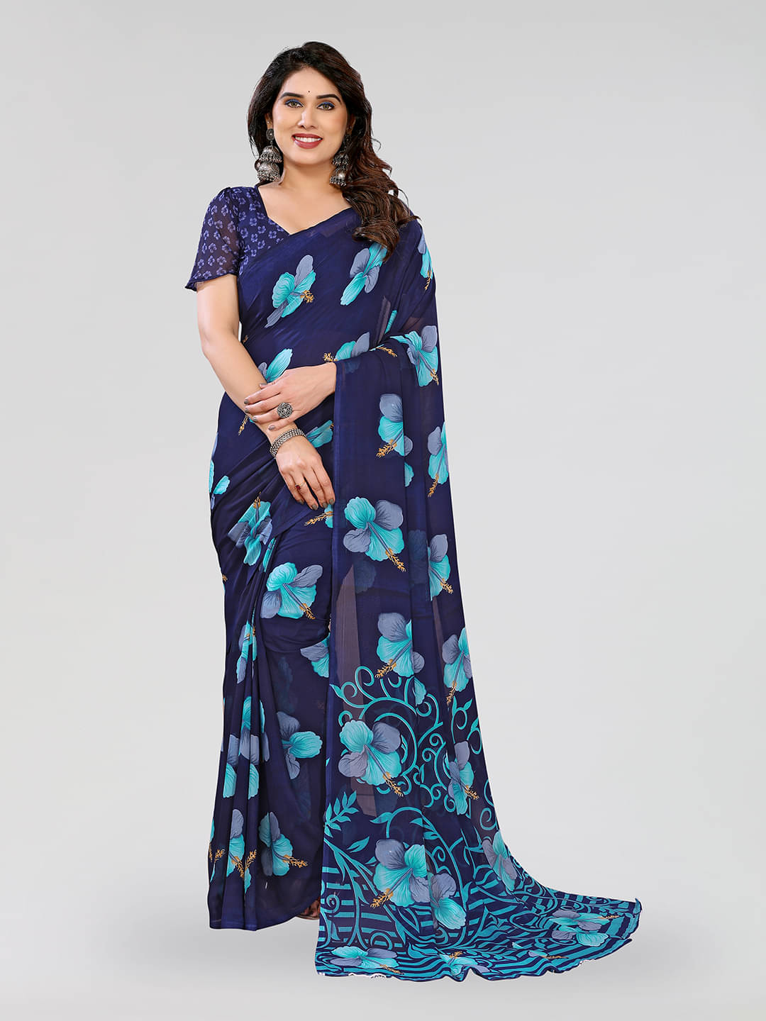 Kashvi Sarees Georgette Printed Chanderi saree With Unstitched Blouse Piece ( Blue ) Kashvi Sarees Georgette Printed Chanderi saree With Unstitched Blouse Piece ( Blue )