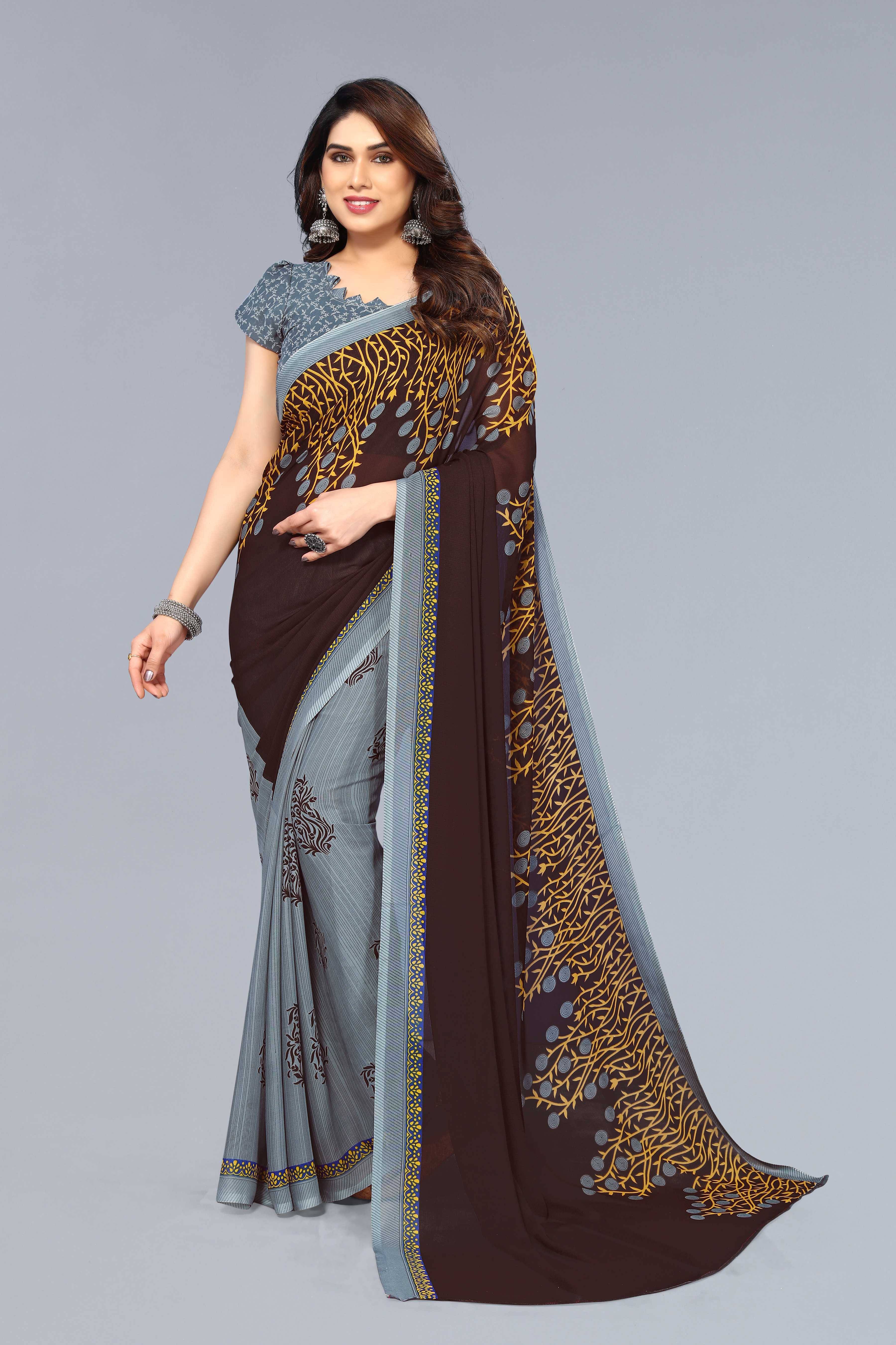 Kashvi Sarees Georgette Printed Chanderi saree With Unstitched Blouse Piece ( Brown ) Kashvi Sarees Georgette Printed Chanderi saree With Unstitched Blouse Piece ( Brown )