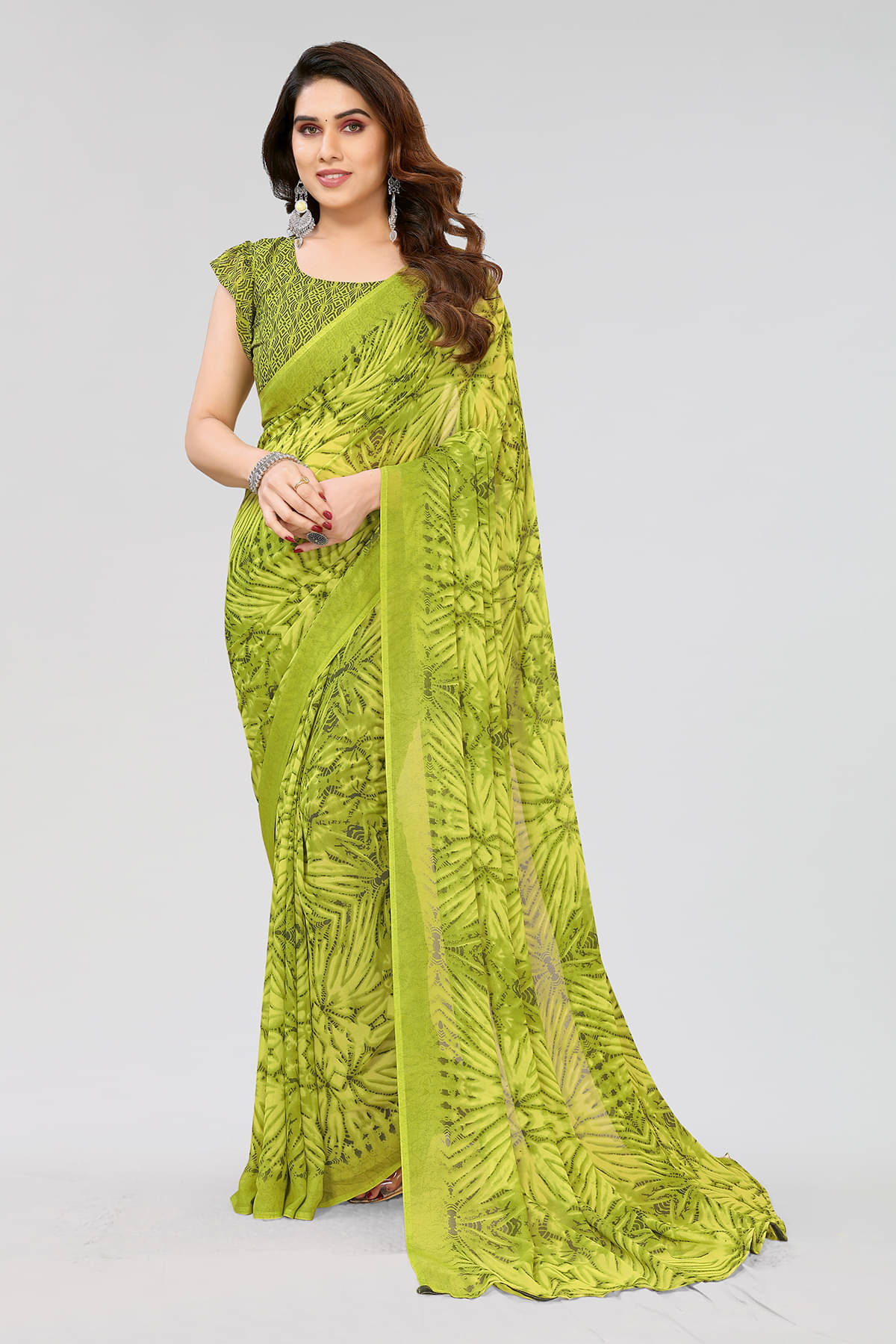 Kashvi Sarees Georgette Printed Chanderi saree With Unstitched Blouse Piece ( Green )     			Kashvi Sarees Georgette Printed Chanderi saree With Unstitched Blouse Piece ( Green )