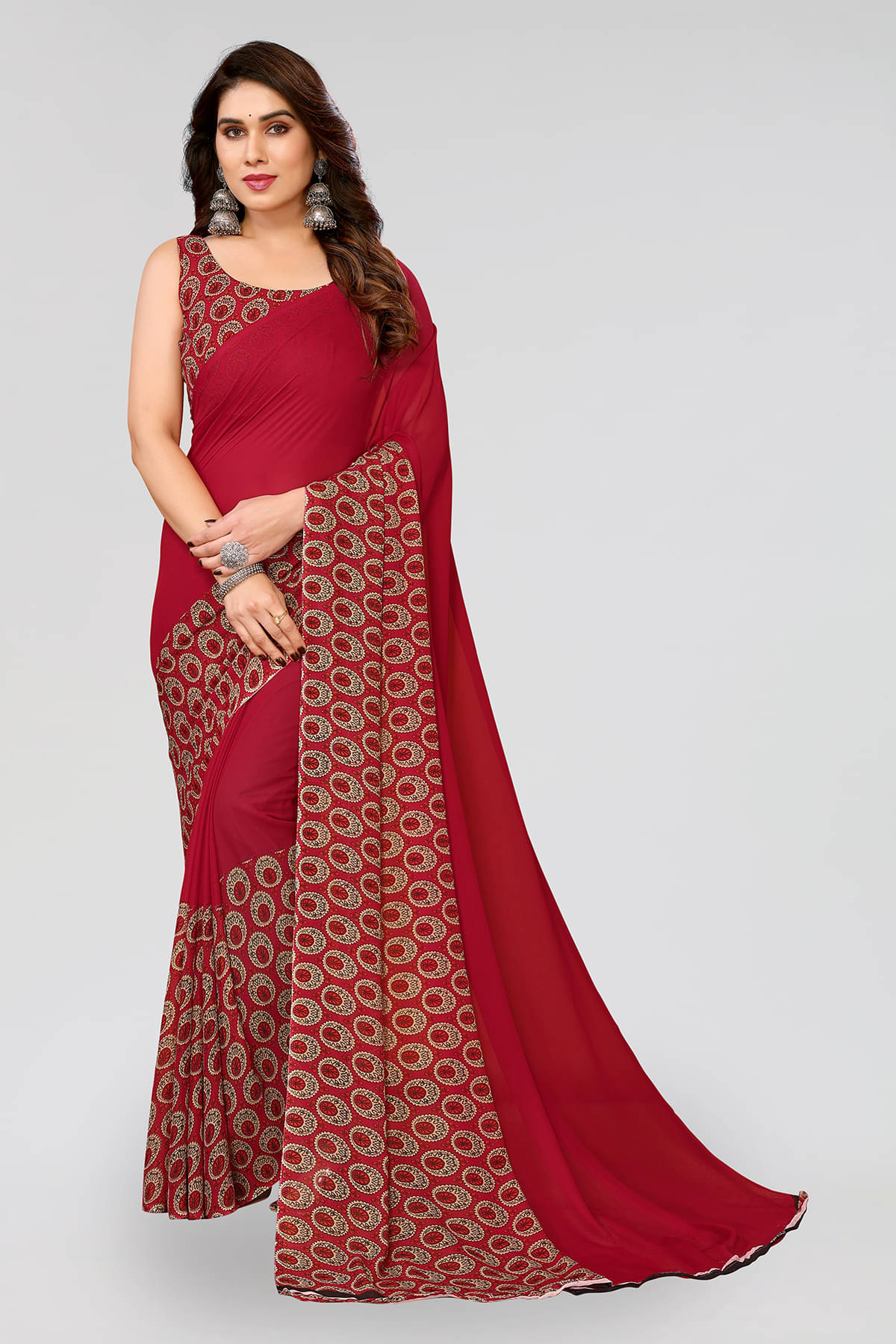 Kashvi Sarees Georgette Printed Chanderi saree With Unstitched Blouse Piece ( Red )     			Kashvi Sarees Georgette Printed Chanderi saree With Unstitched Blouse Piece ( Red )