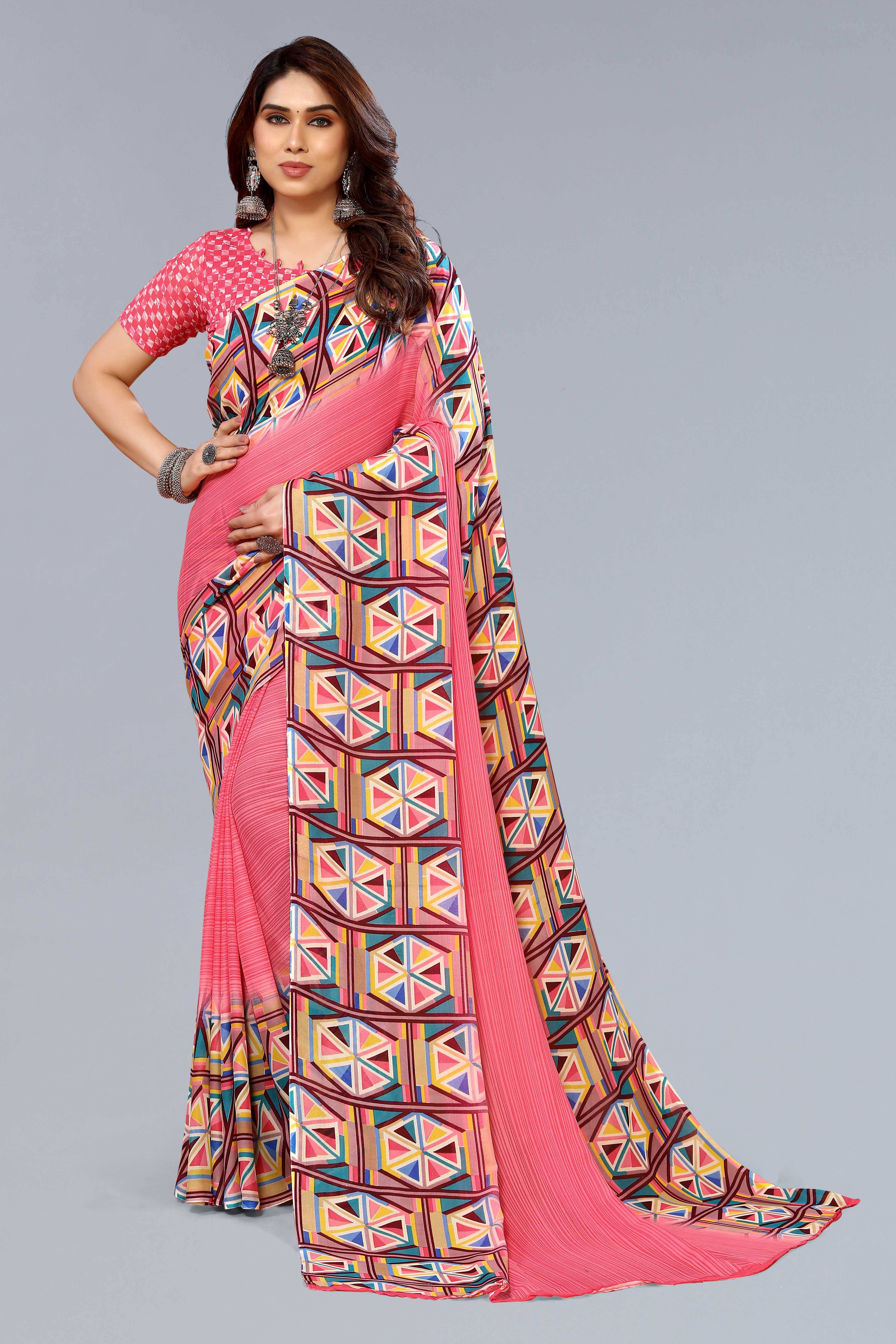 Kashvi Sarees Georgette Printed Chanderi saree With Unstitched Blouse Piece ( Pink ) Kashvi Sarees Georgette Printed Chanderi saree With Unstitched Blouse Piece ( Pink )