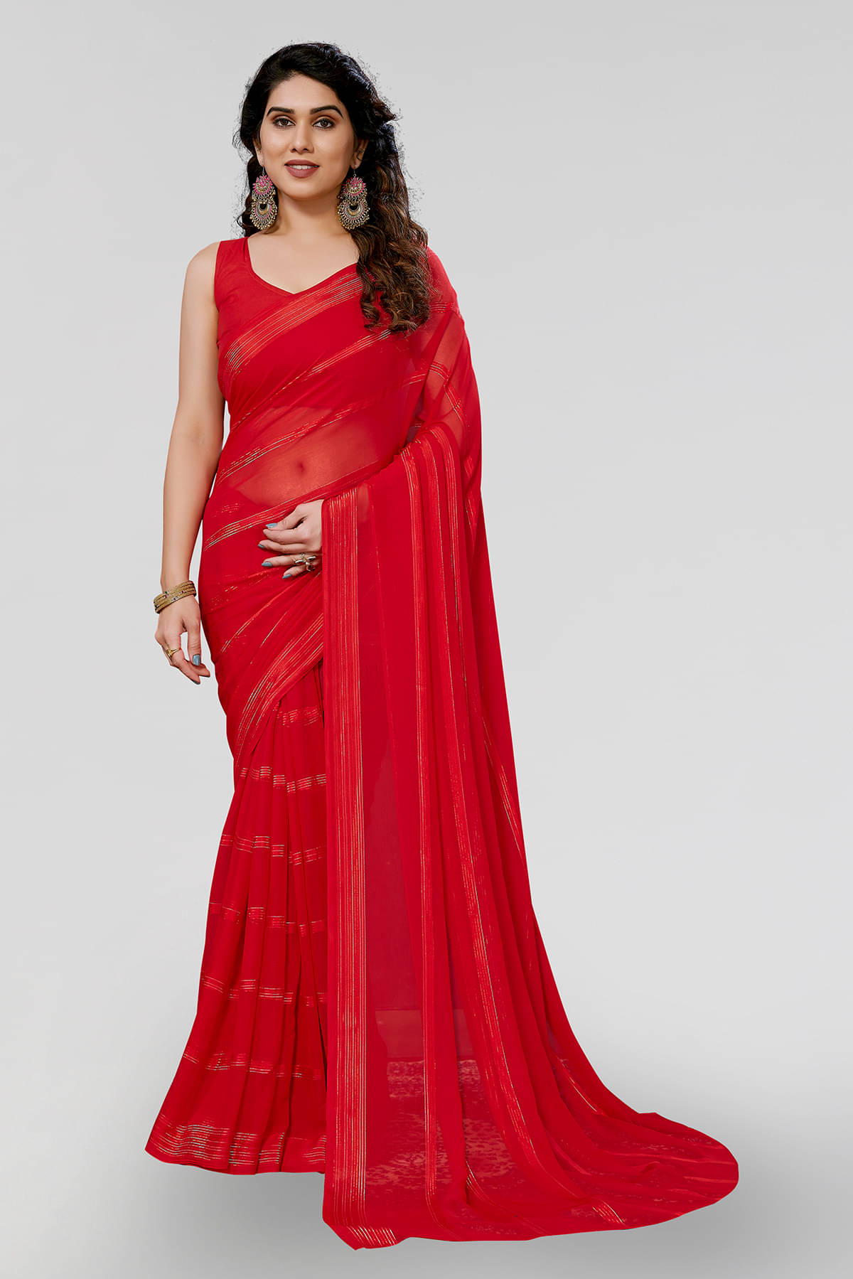     			Kashvi Sarees Satin Embellished Kasavu Saree With Unstitched Blouse Piece ( Red )