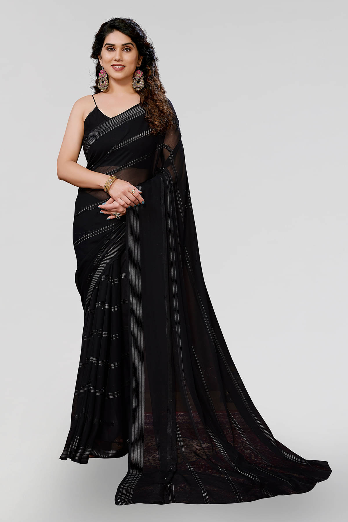     			Kashvi Sarees Satin Embellished Kasavu Saree With Unstitched Blouse Piece ( Black )