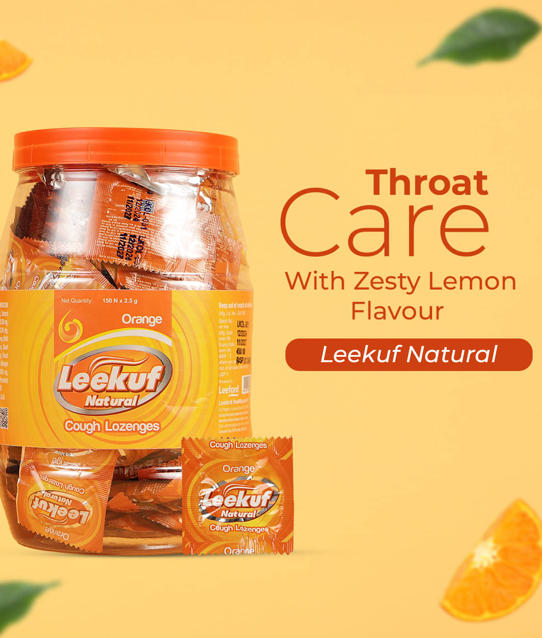     			Leeford leekuf Natural Cough Lozenges Orange Flavour Tablets For Cough Jar Pack of 150