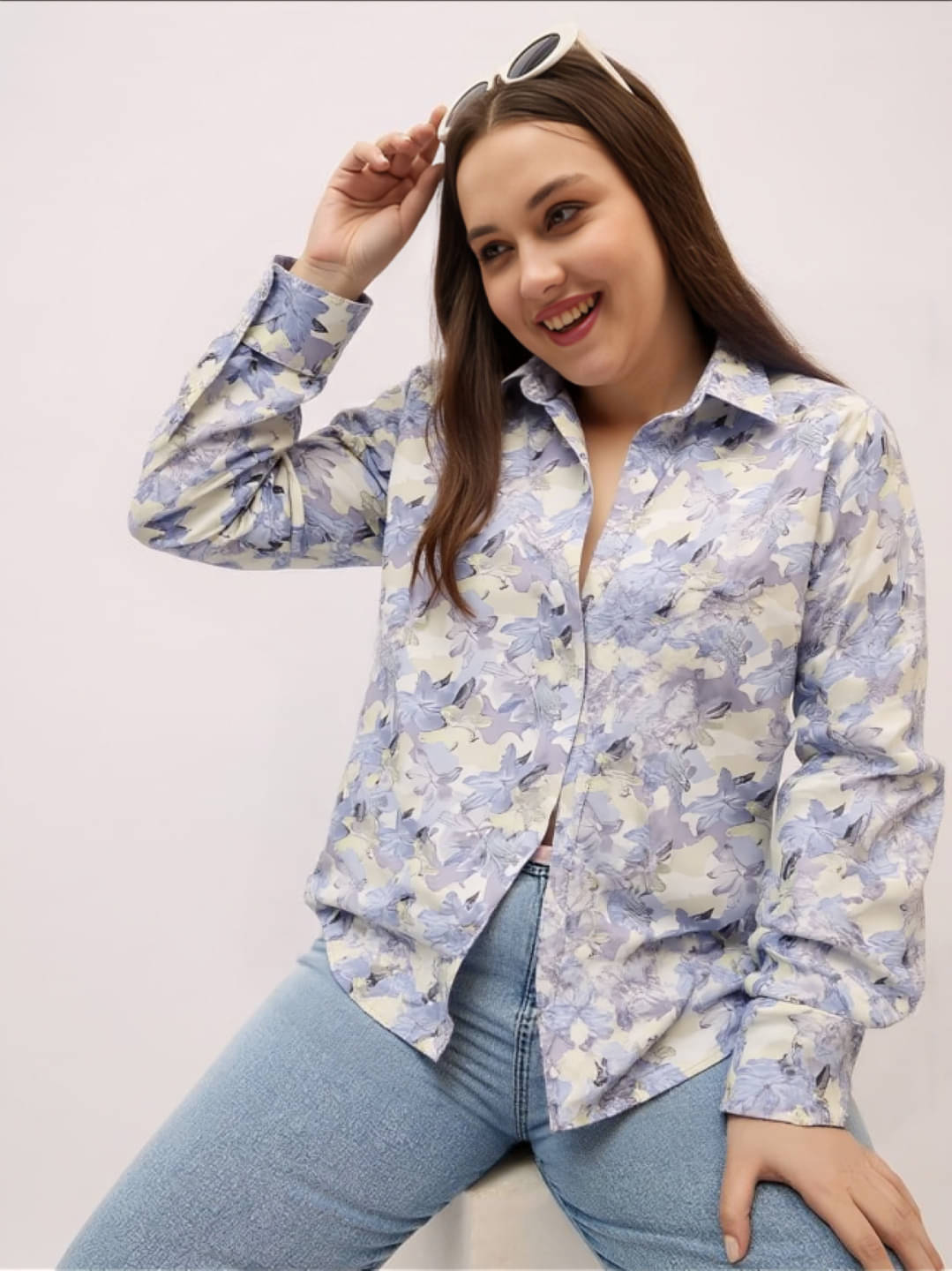     			MAYKR Women Printed Satin Shirt ( Blue )