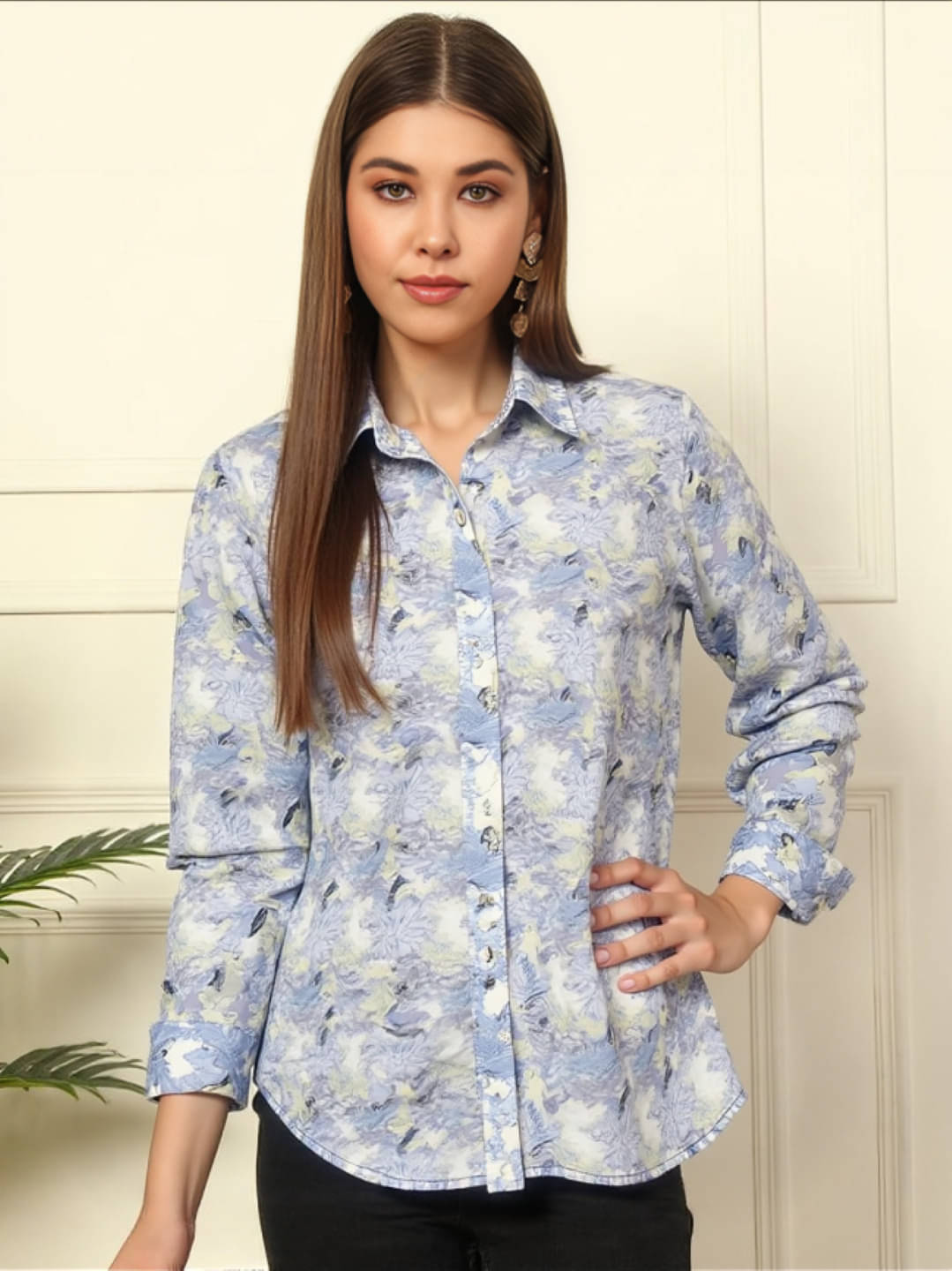     			MAYKR Women Printed Satin Shirt ( Blue )
