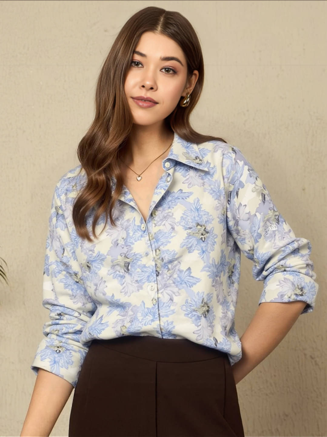     			MAYKR Women Printed Satin Shirt ( Blue )