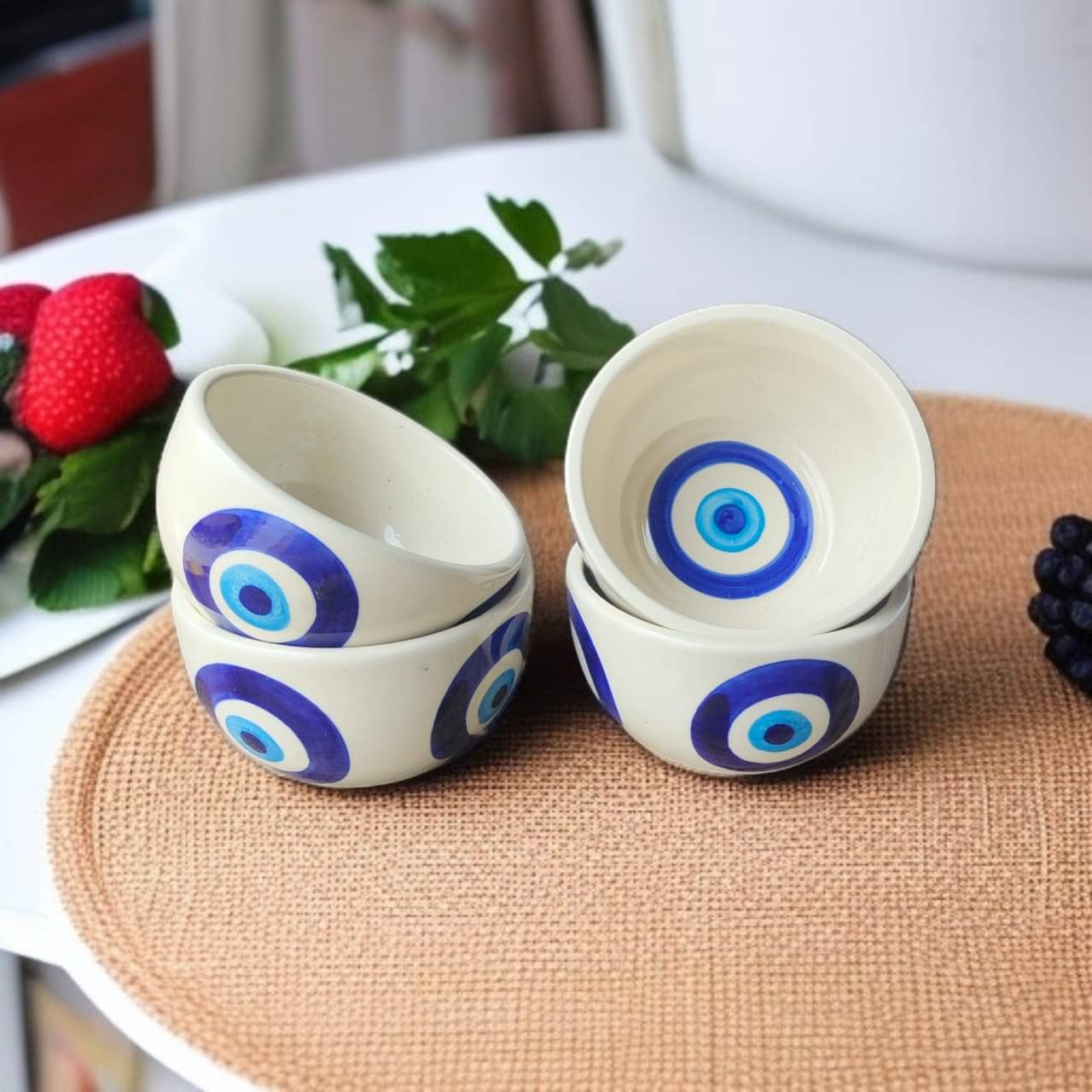 Malaikah Evil Eye Printed Bowl Ceramic Printed Snacks Bowl 10 cm ( Set of 4 ) Off White Malaikah Evil Eye Printed Bowl Ceramic Printed Snacks Bowl 10 cm ( Set of 4 ) Off White