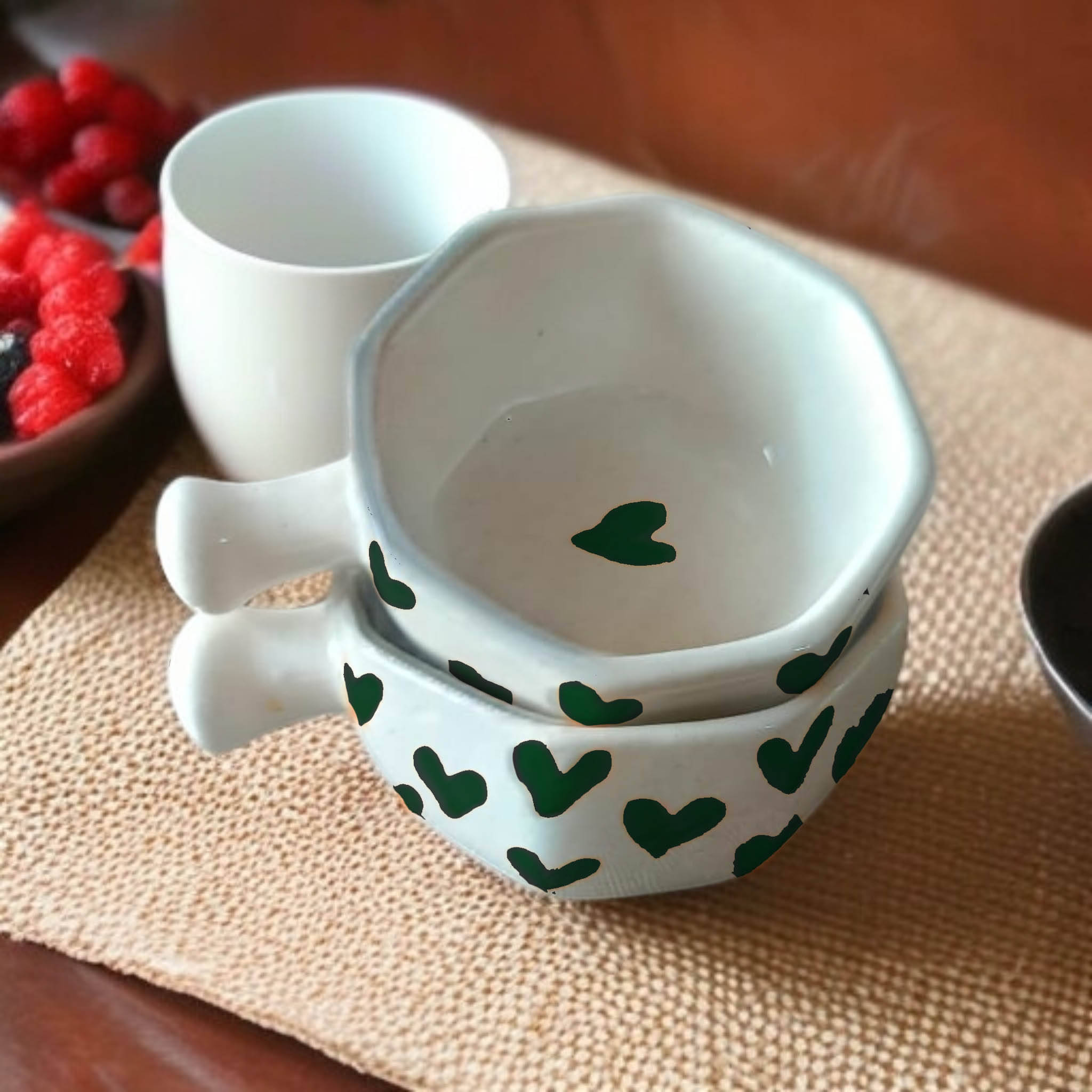 Malaikah Grn Hrt Hexagonal Chutney Bowl Ceramic Printed Serving Bowl 6 cm ( Set of 2 ) Green Malaikah Grn Hrt Hexagonal Chutney Bowl Ceramic Printed Serving Bowl 6 cm ( Set of 2 ) Green
