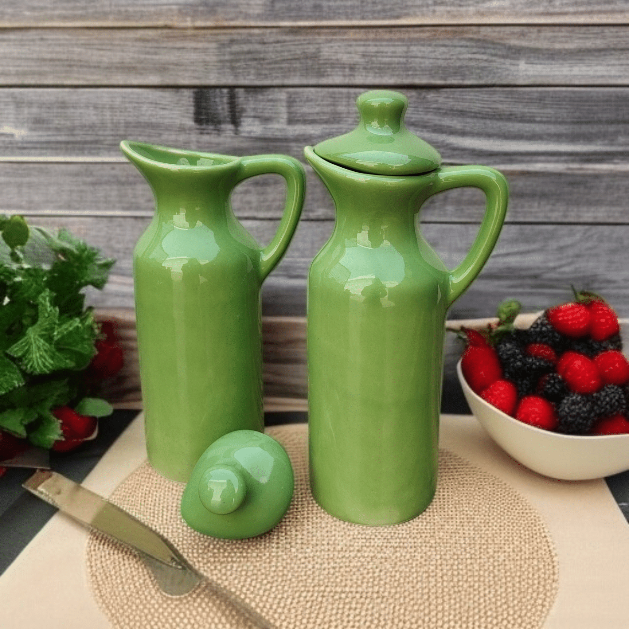    			Malaikah Olive Green Solid Ceramic Olive Oil Container ( Set of 2 )