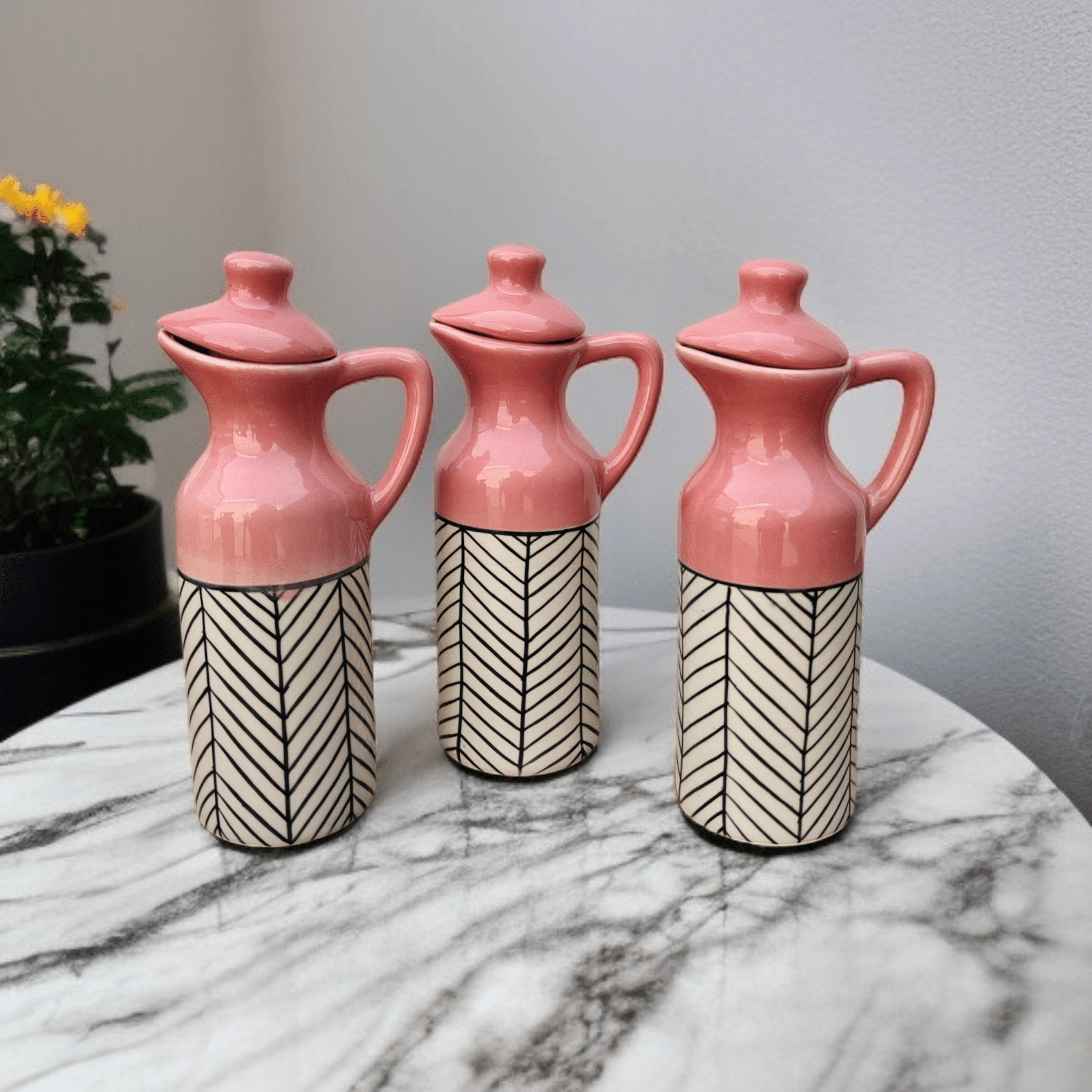 Malaikah Pink Zebra Printed Ceramic Pink Oil Container ( Set of 3 ) Malaikah Pink Zebra Printed Ceramic Pink Oil Container ( Set of 3 )