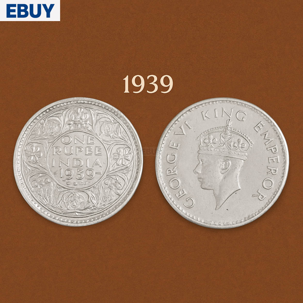     			RARE 1 RUPEE 1939 KING GEORGE 6TH, OLD BRITISH INDIA SILVERPLATED RARE COIN