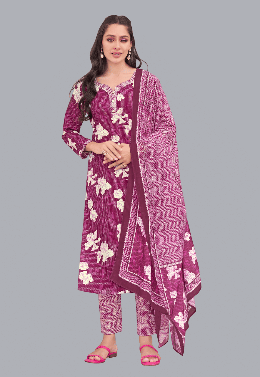     			shree jeenmata collection Women Cotton Printed Straight Kurti With Pants ( Purple )