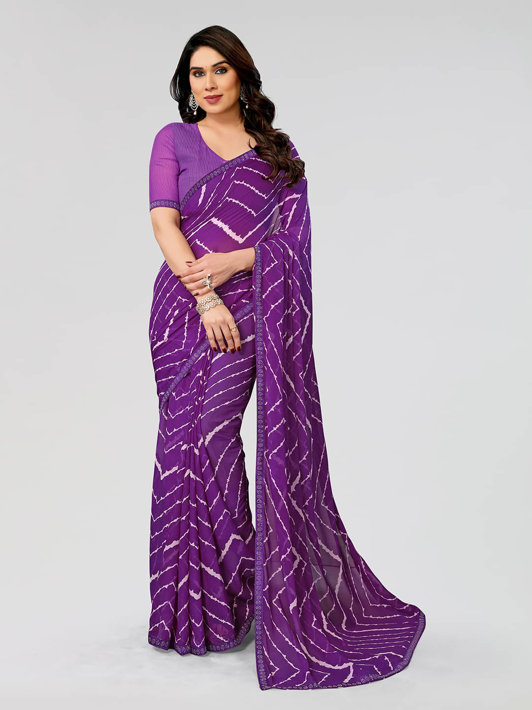 ANAND SAREES Georgette Embellished Leheriya Saree With Unstitched Blouse Piece ( Purple ) ANAND SAREES Georgette Embellished Leheriya Saree With Unstitched Blouse Piece ( Purple )