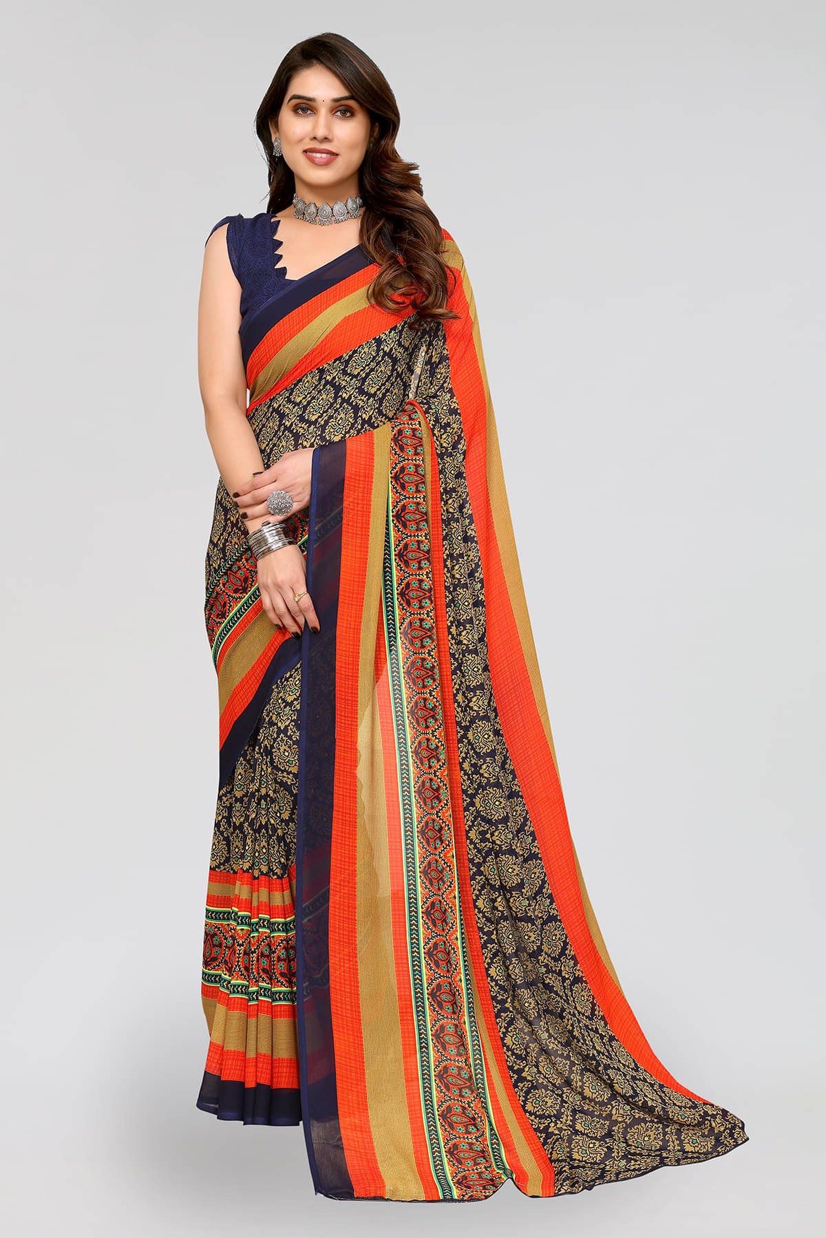 ANAND SAREES Georgette Printed Chanderi saree With Unstitched Blouse Piece ( Blue )     			ANAND SAREES Georgette Printed Chanderi saree With Unstitched Blouse Piece ( Blue )